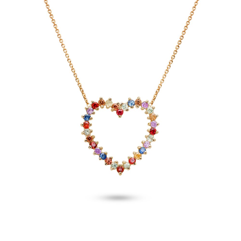 Multicolor Sapphire Heart Necklace 14K Gold