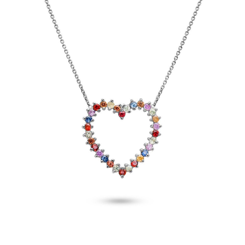 Multicolor Sapphire Heart Necklace 14K Gold - White Gold