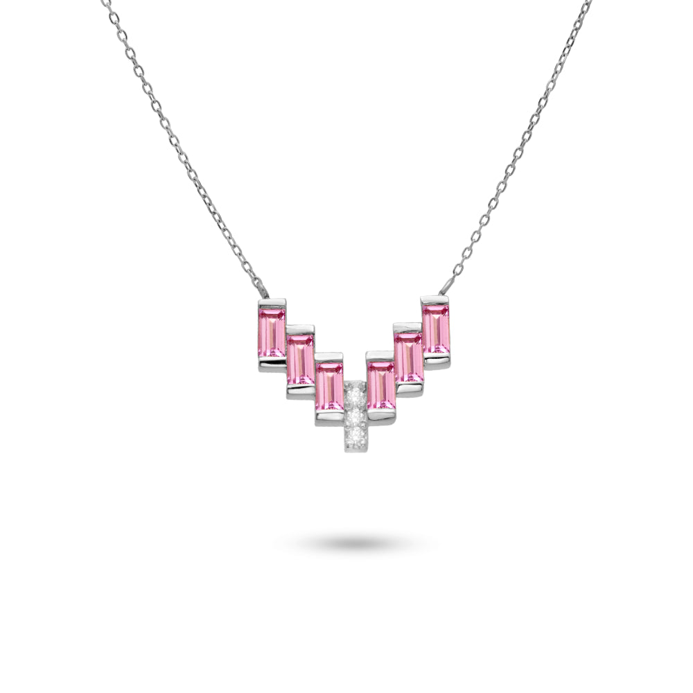 V Pink Sapphire Baguette Necklace 14K White Gold