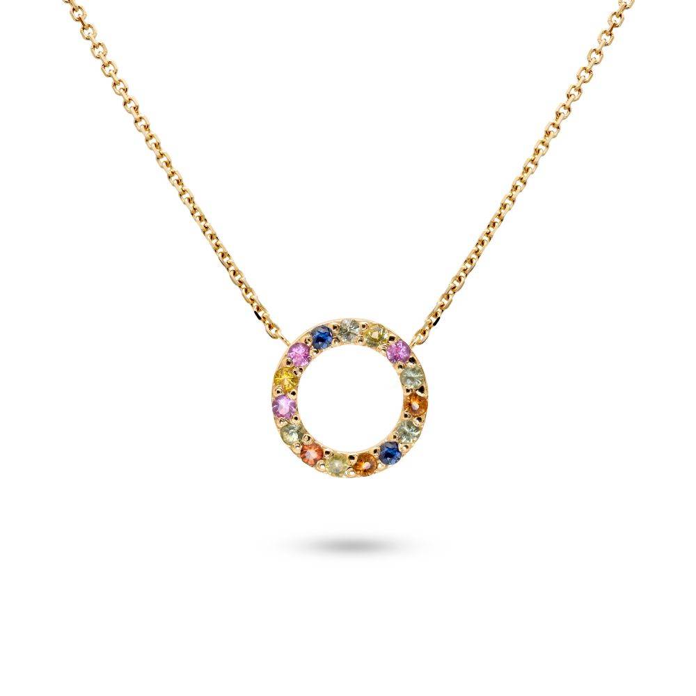 Rainbow Sapphire Necklace Circle 14K Gold