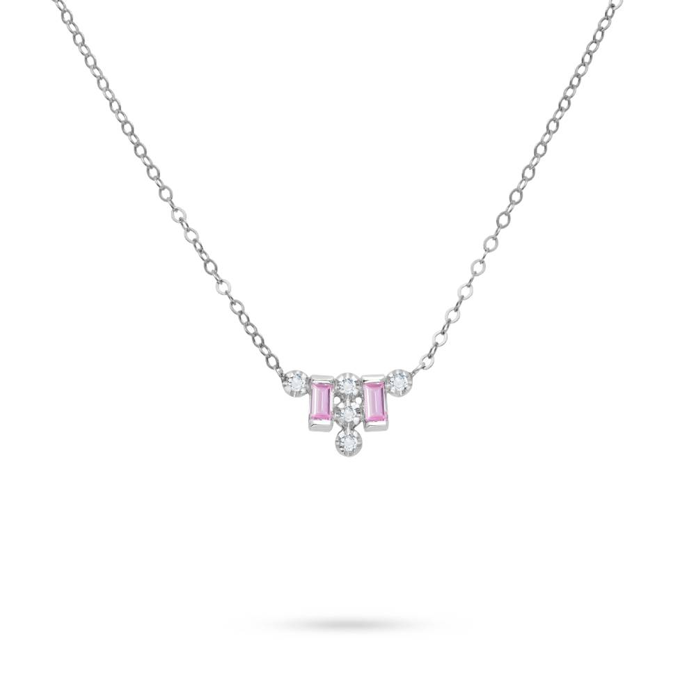 Pink Sapphire Diamond Baguette Necklace 14K White Gold