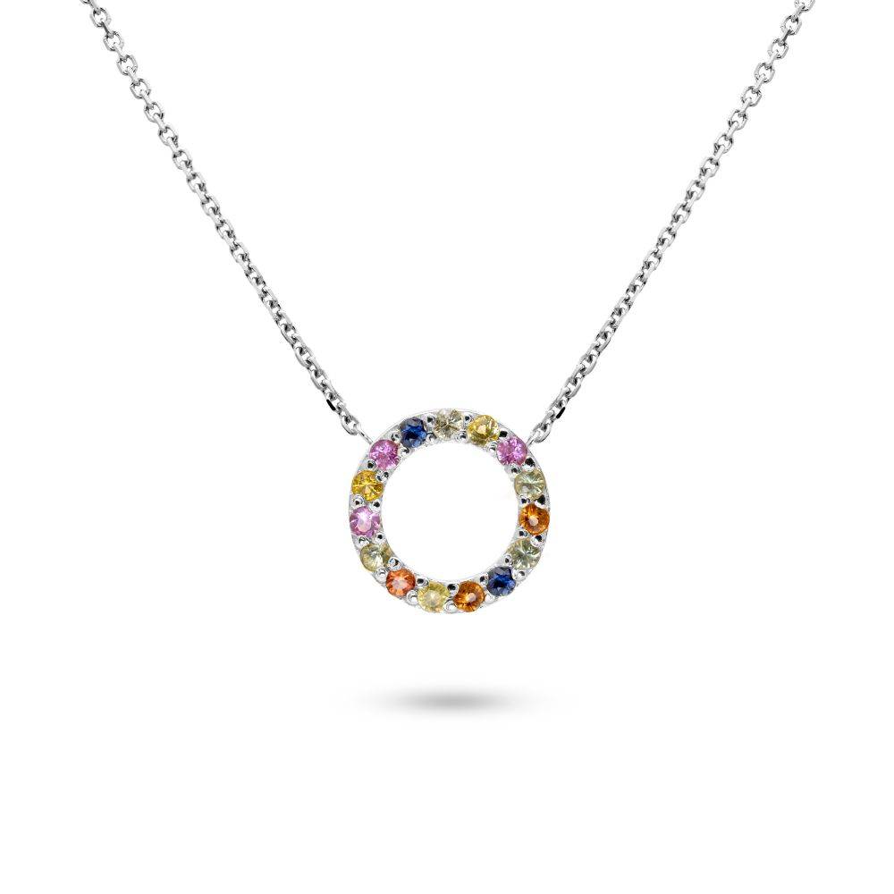 Rainbow Sapphire Necklace Circle 14K White Gold