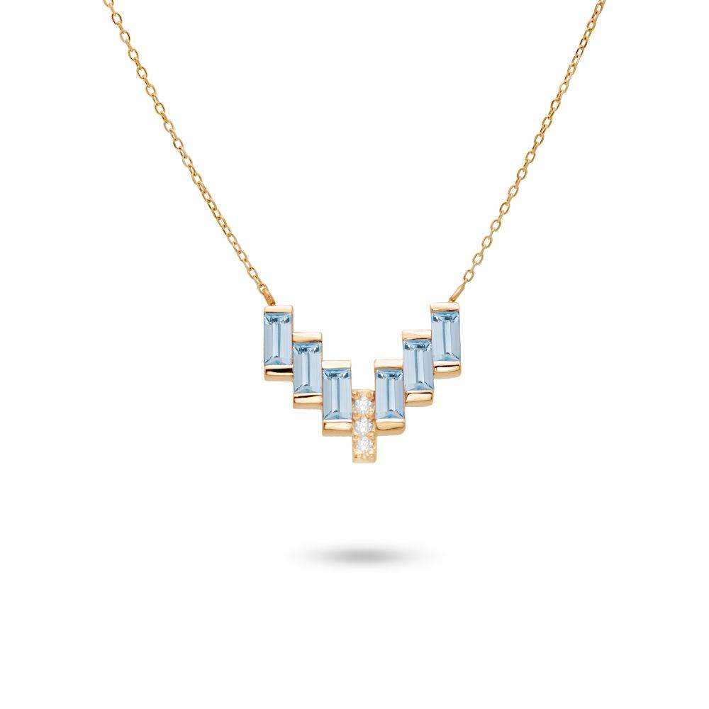 Κολιέ V Blue Topaz Διαμάντια Χρυσό 14Κ