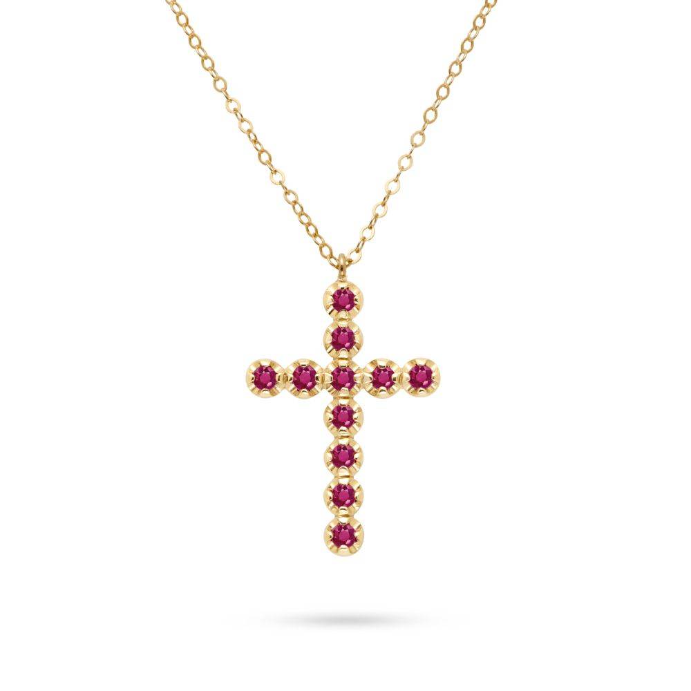Handmade Ruby Cross Necklace 14K Gold