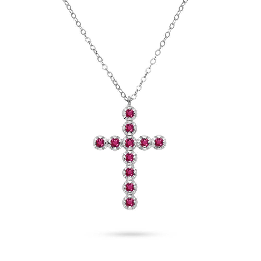 Ruby Cross Necklace 14K White Gold