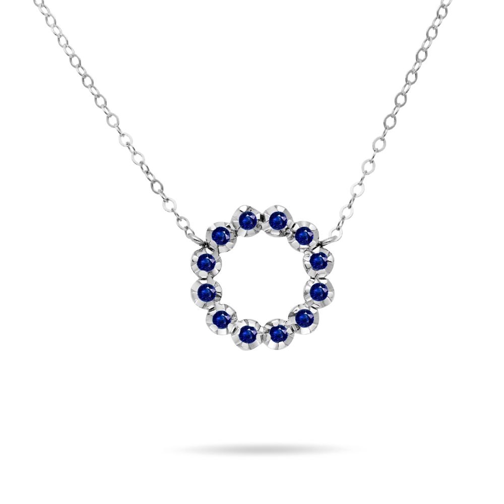 Blue Sapphire Circle Necklace 14K White Gold