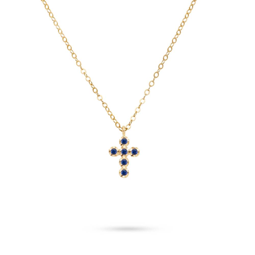 Blue Sapphire 14K Gold Cross Necklace