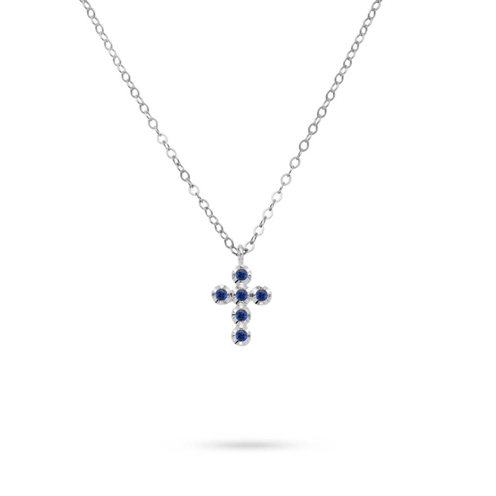 Elegant blue sapphire 14K gold cross necklace with vibrant sapphires on a delicate chain.