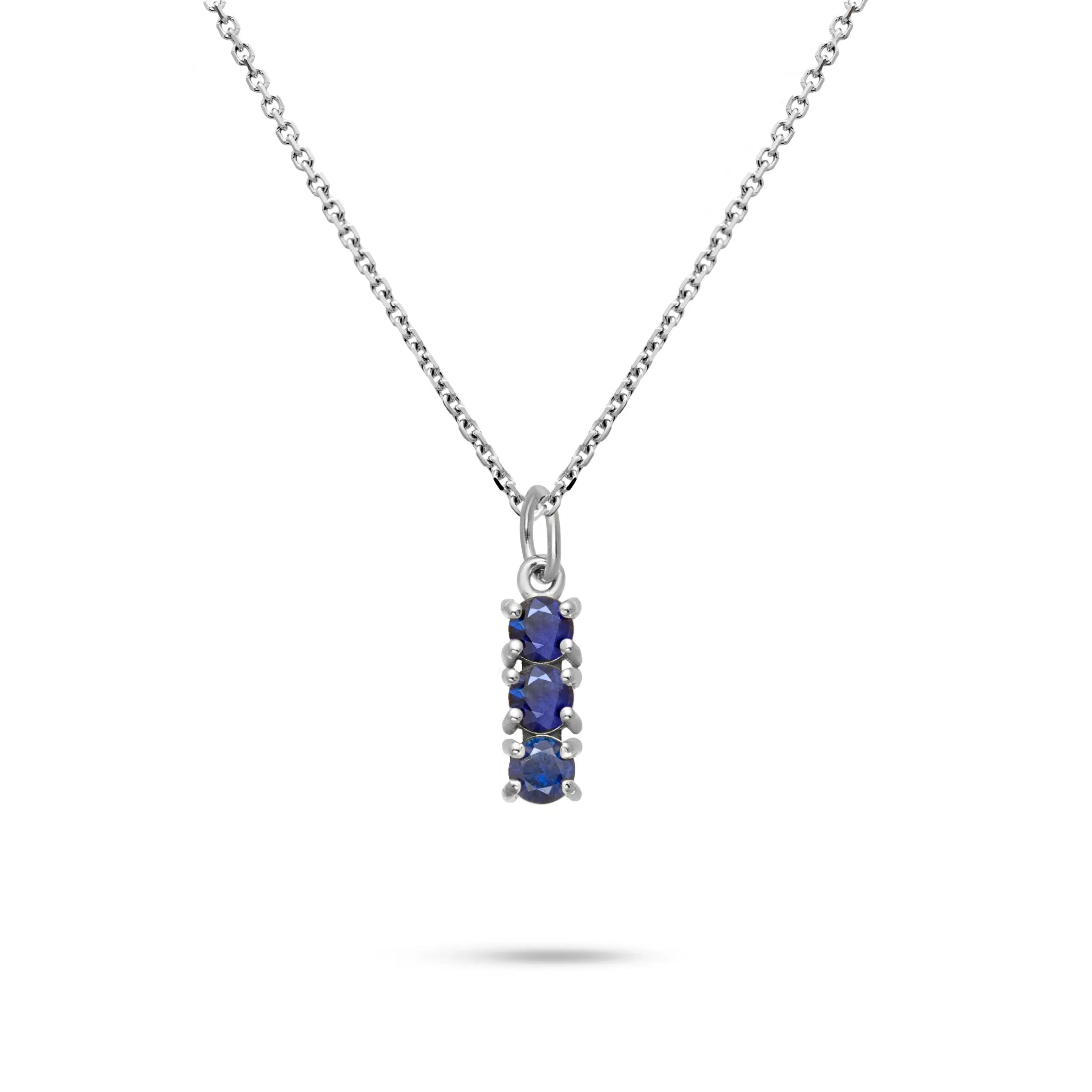 3 Blue Sapphire Necklace 14K White Gold