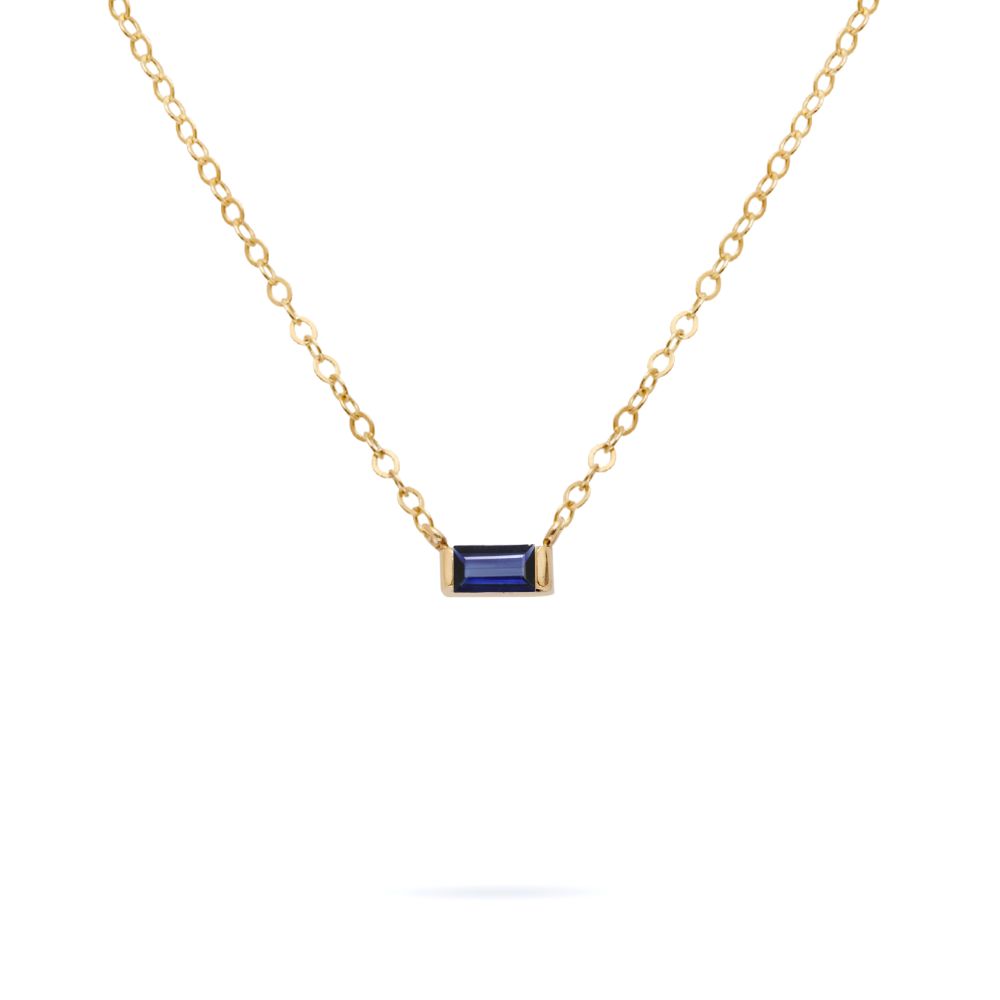Solitaire Blue Sapphire Baguette Necklace 14K Gold