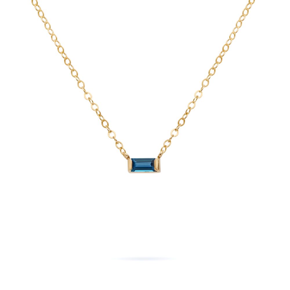 Solitaire Blue Topaz Baguette Necklace 14K Gold