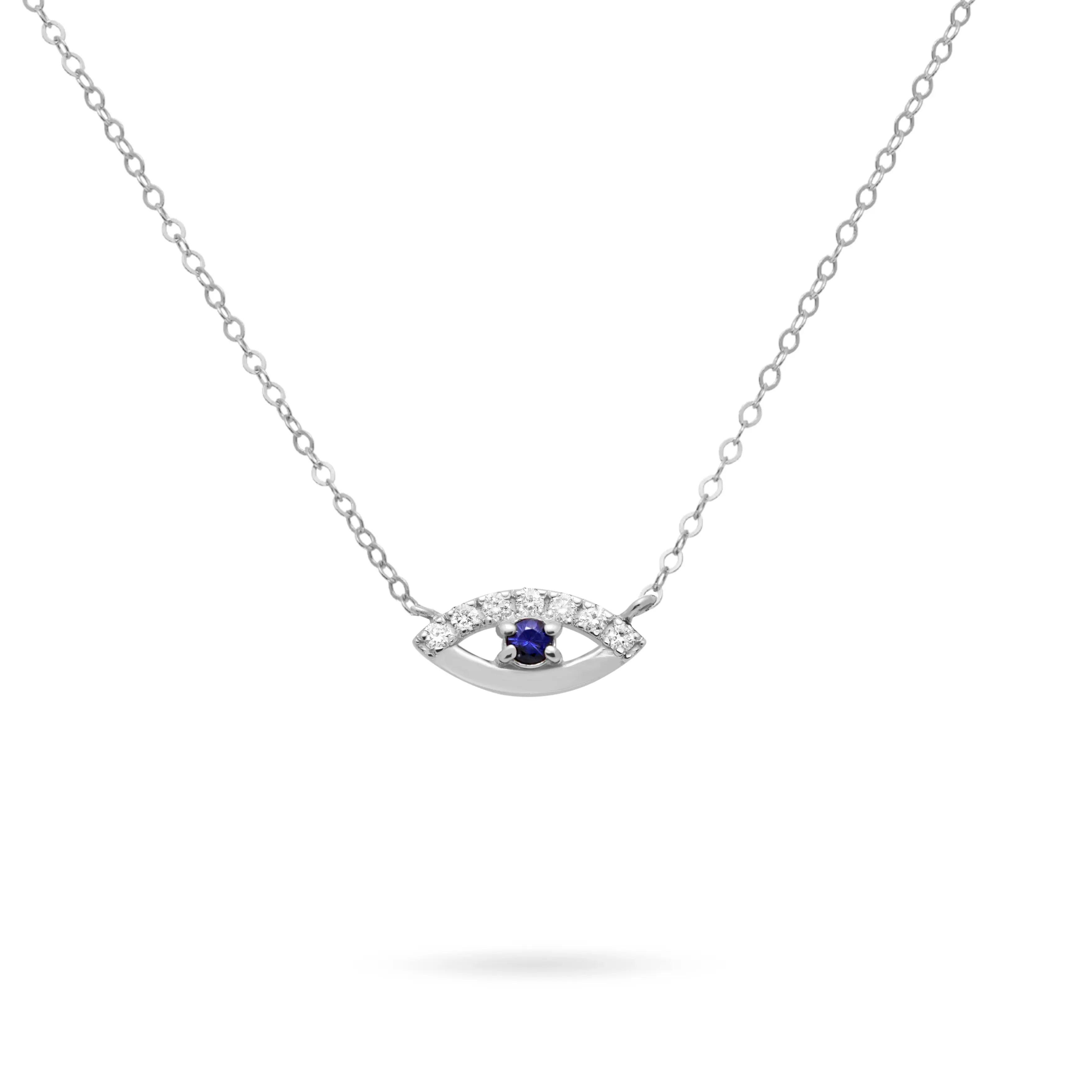 Alt Tag: Blue Sapphire Diamond Eye Necklace 14K with sapphire and diamonds on 14K gold chain, evil eye design.