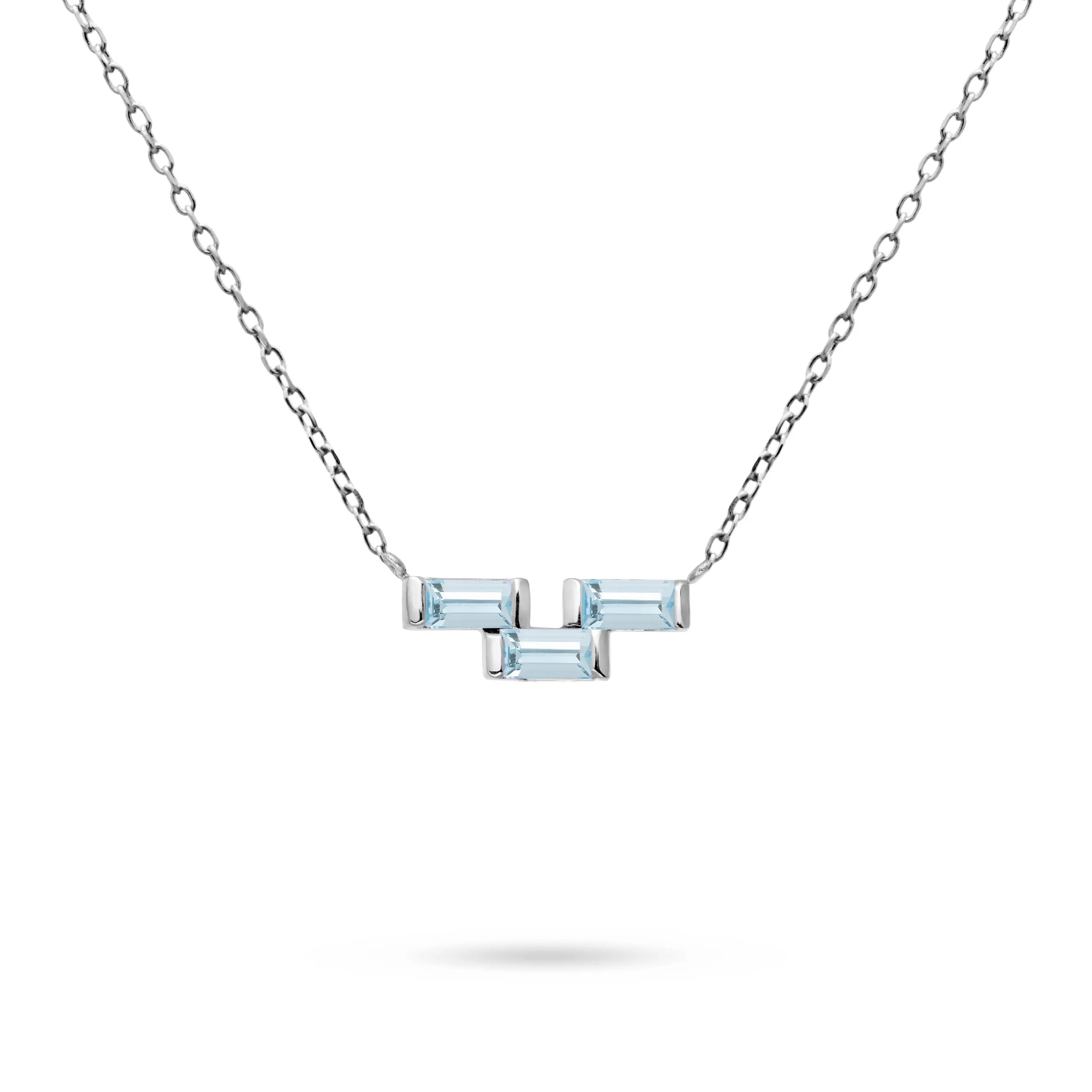 Elegant Sky Blue Topaz Baguette Necklace 14K Gold featuring geometric blue gemstones, perfect jewelry gift choice.