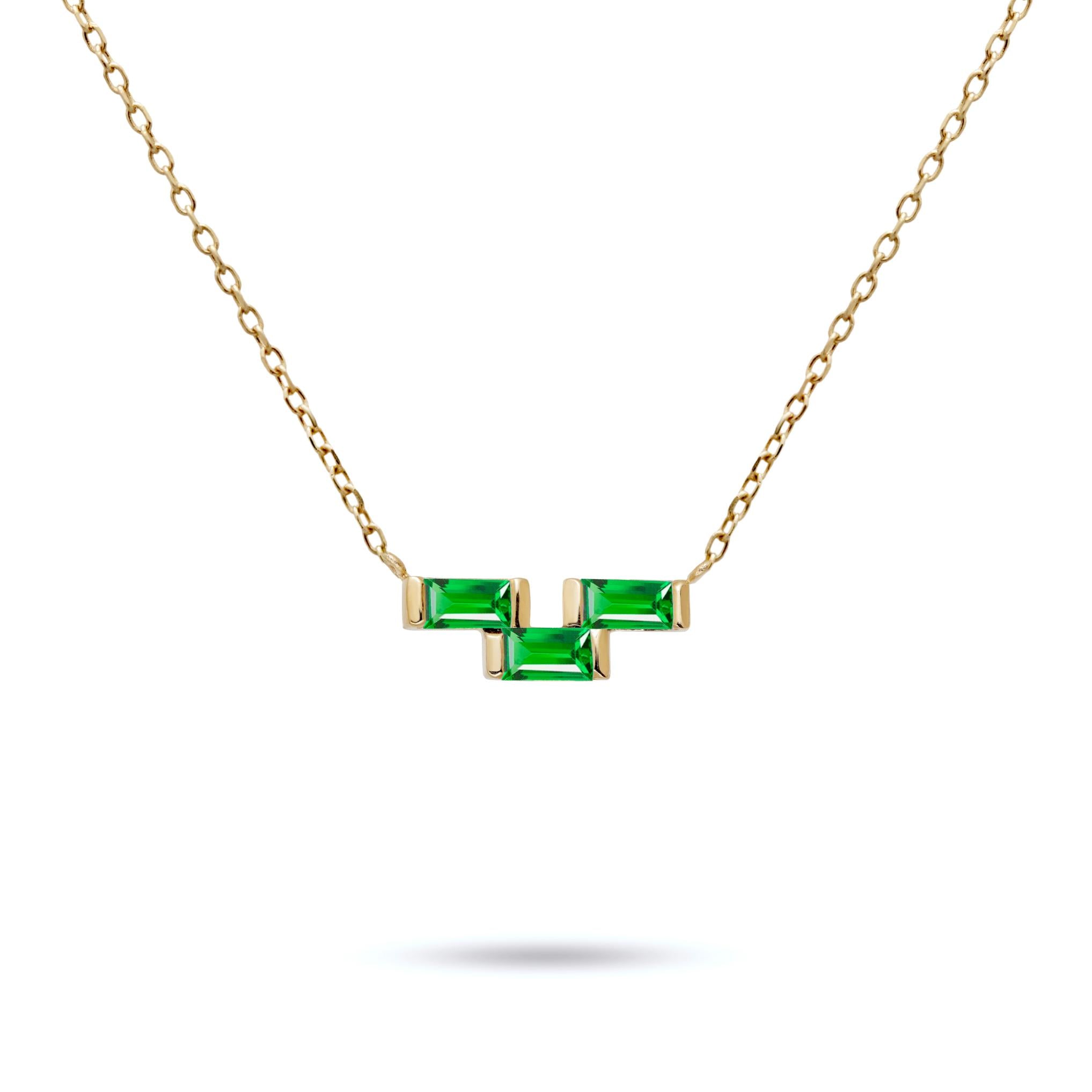 Tsavorite Baguette Necklace 14K Gold with geometric tsavorite gemstones and 14K gold chain, ideal gift delivered in elegant packaging.
