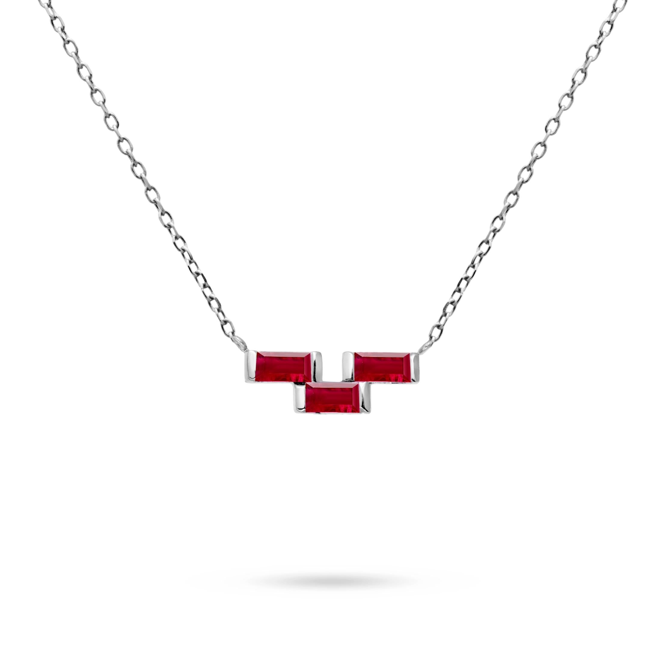 Ruby Baguette Necklace 14K Gold featuring geometric ruby stones, elegant design on a delicate chain, ideal gift with authenticity certificate