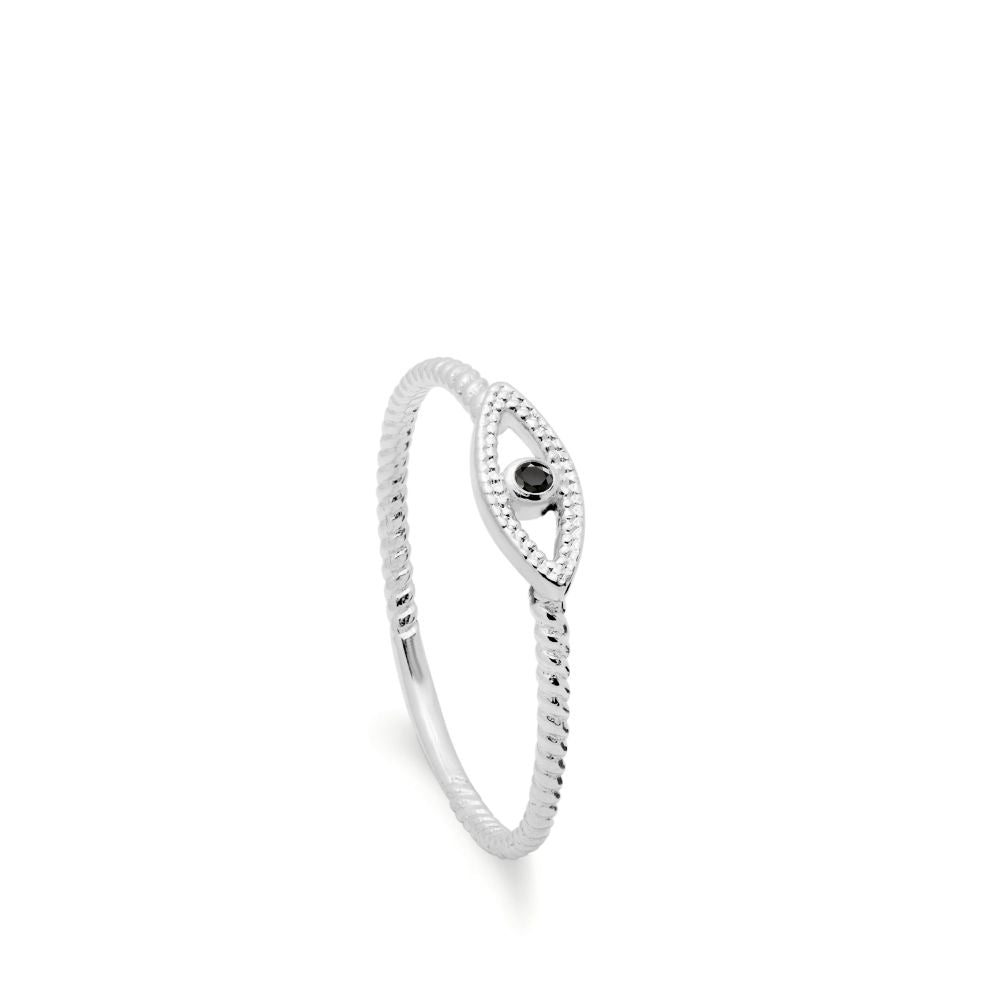 Black Diamond Evil Eye Ring 14K White Gold Twisted