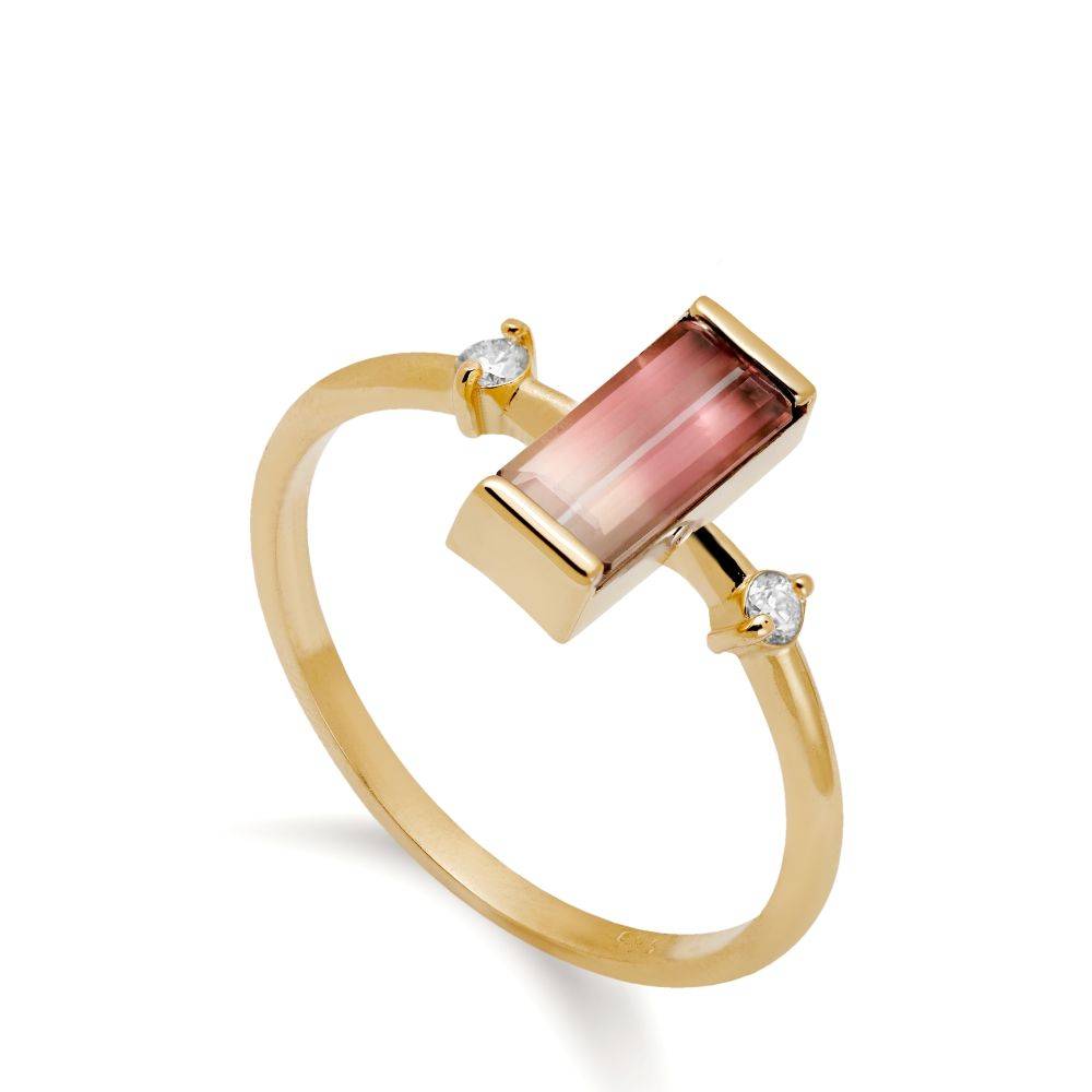 14K Gold Bicolor Pink Tourmaline Diamond Ring