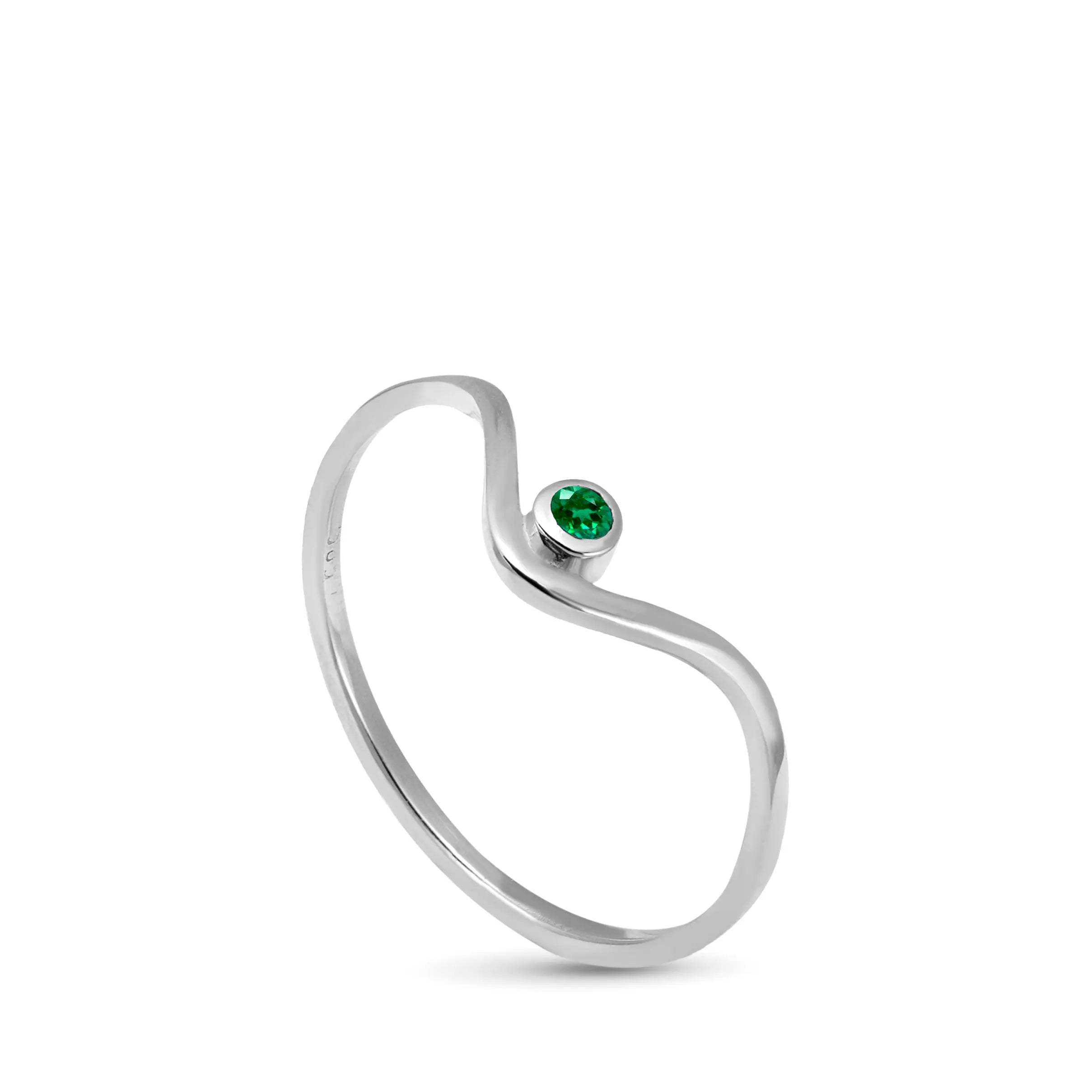 Emerald V Ring 14K Gold in white gold featuring a brilliant cut emerald, minimalist stacking design, elegantly handcrafted.