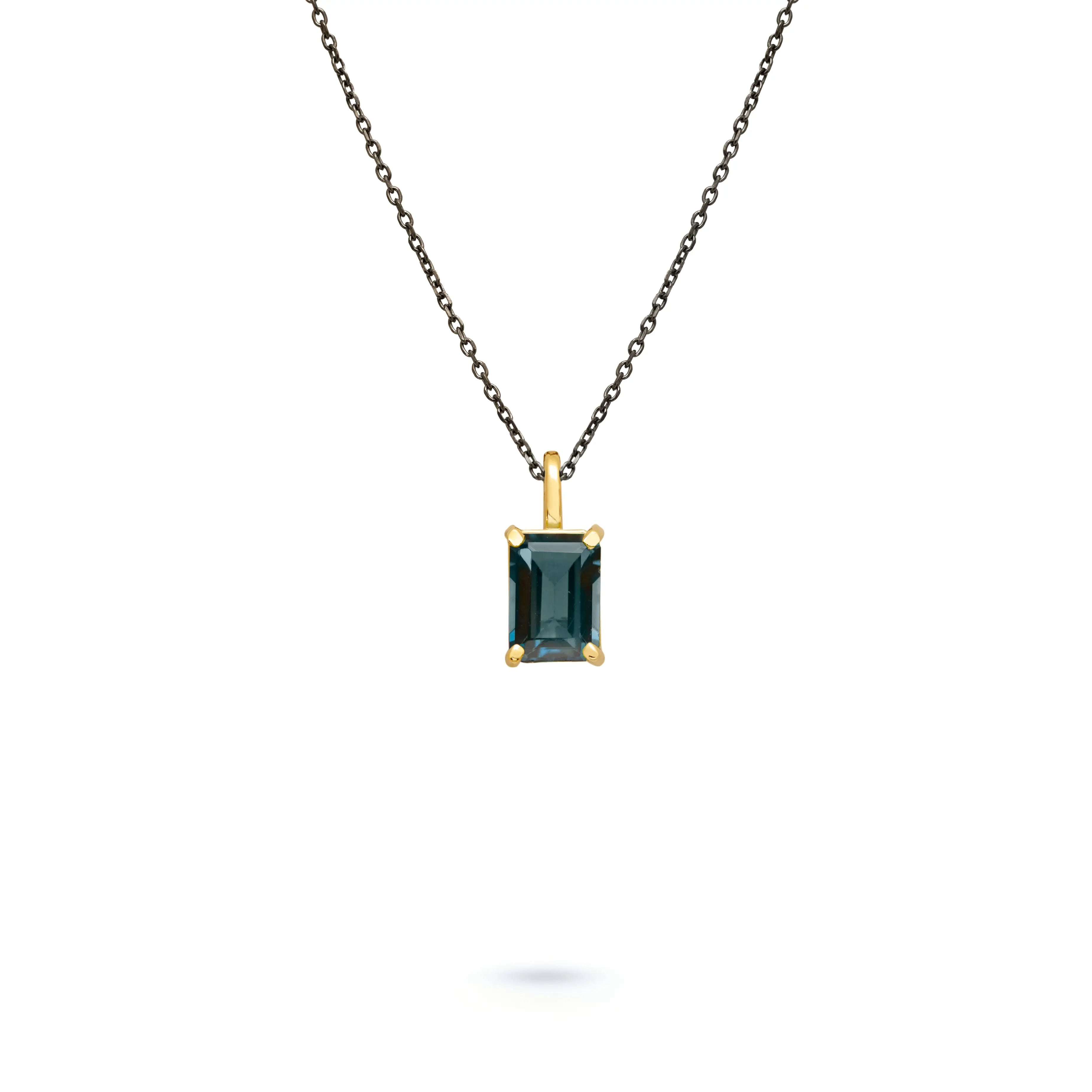 14K Gold London Topaz Necklace Octagon Cut with Black Oxidized Silver Chain