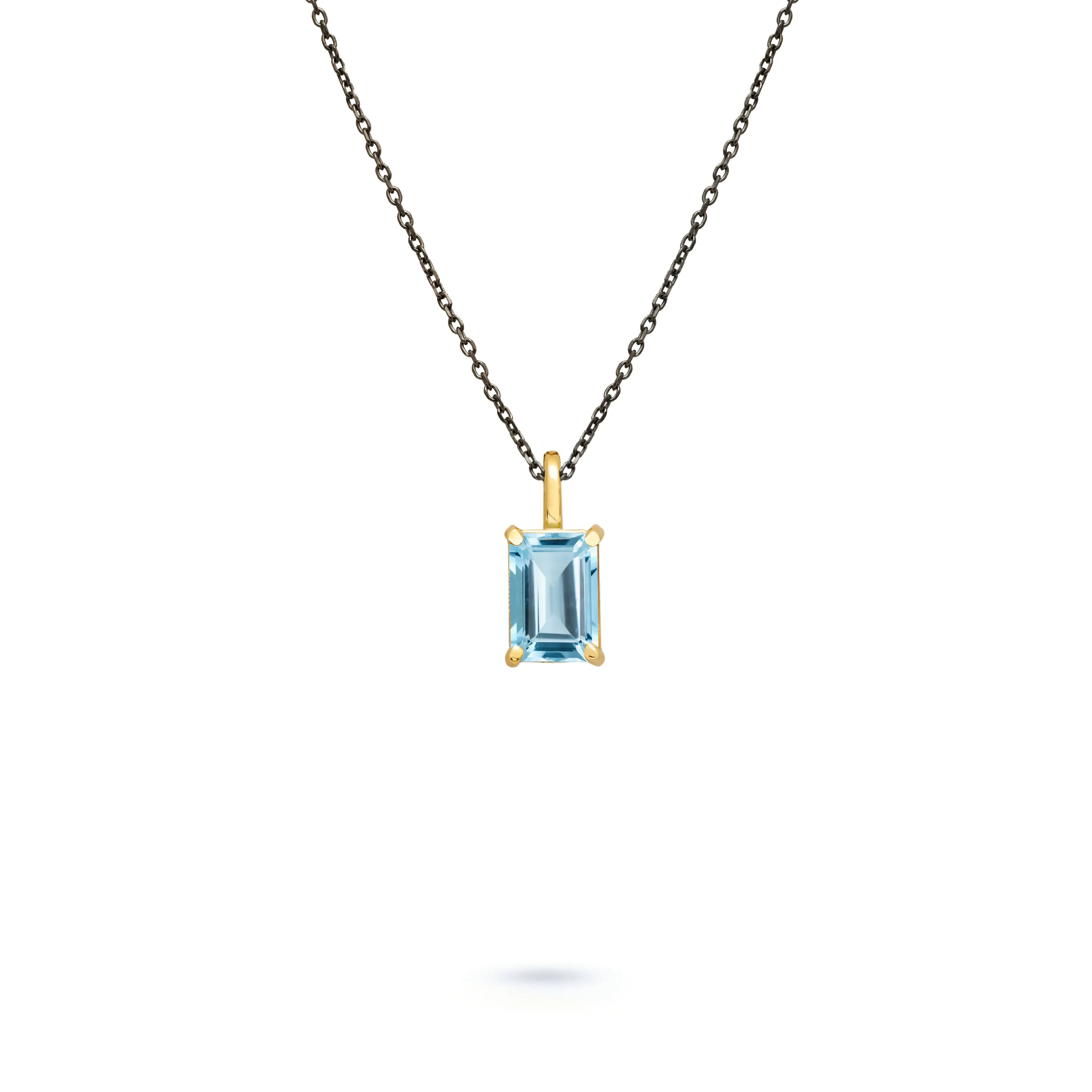 14K Gold Swiss Topaz Necklace Octagon Cut with Black Oxidized Silver Chain