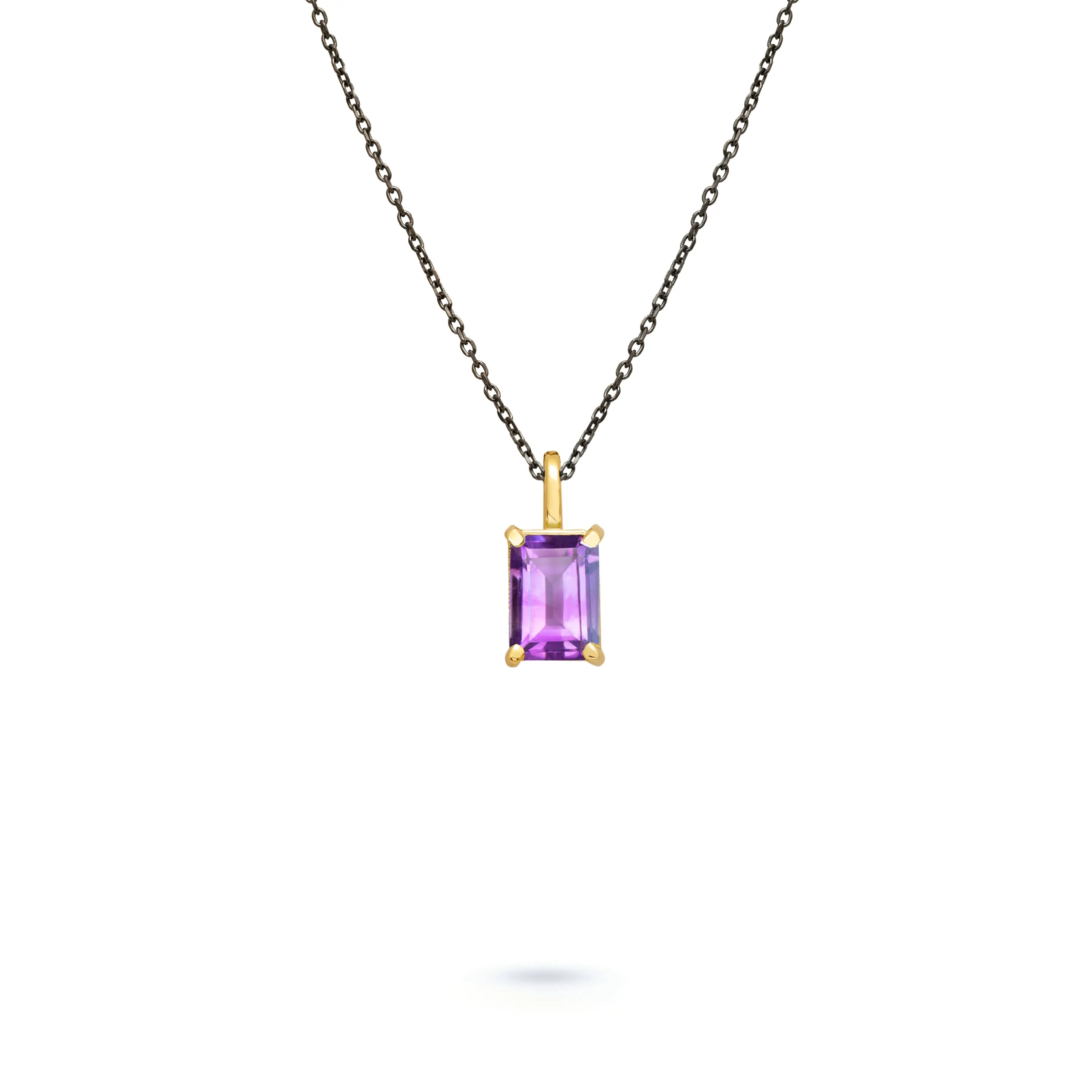 14K Gold Amethyst Necklace Octagon Cut With Black Oxidized Silver Chain