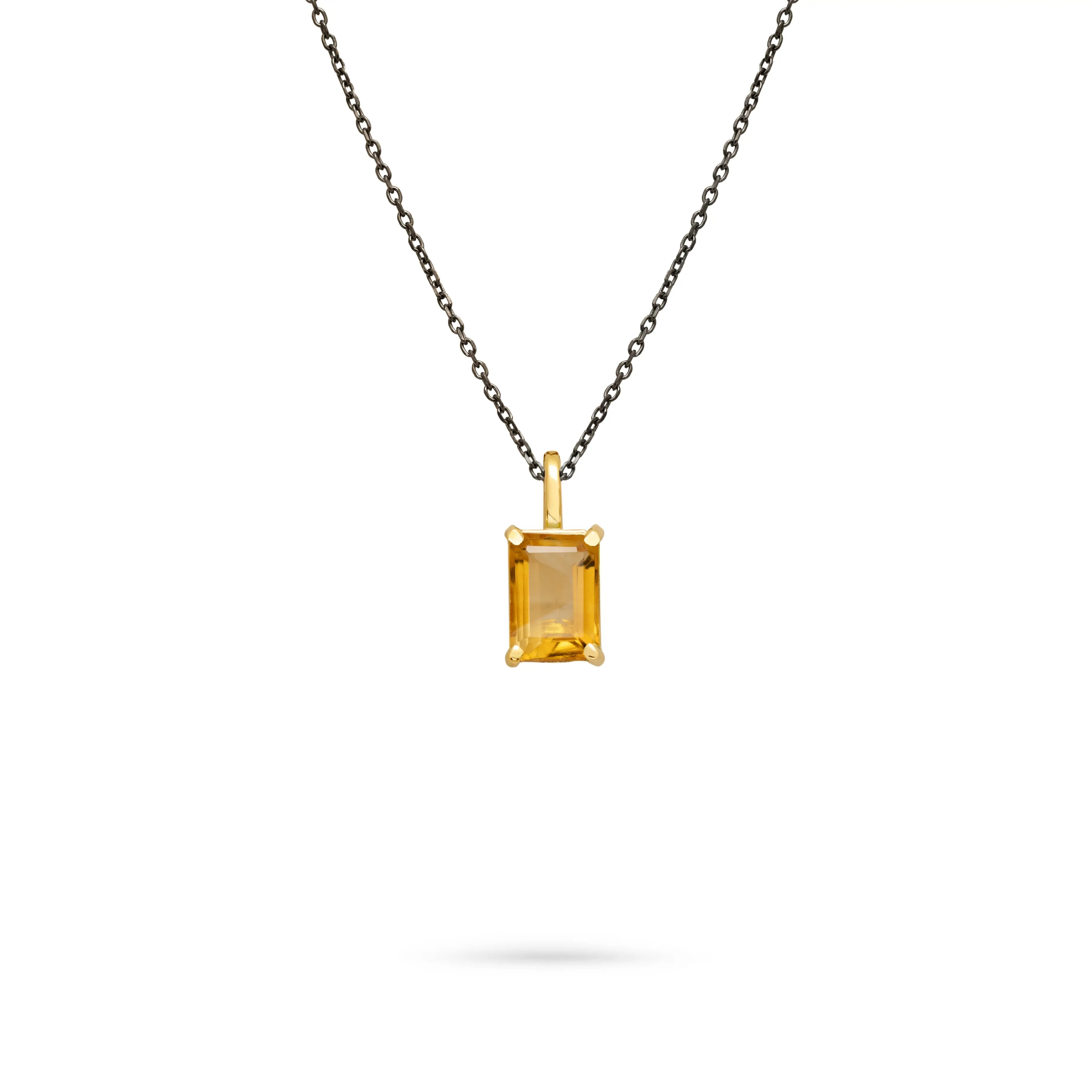 14K Gold Citrine Necklace Octagon Cut with oxidized sterling silver chain, handmade elegant jewelry