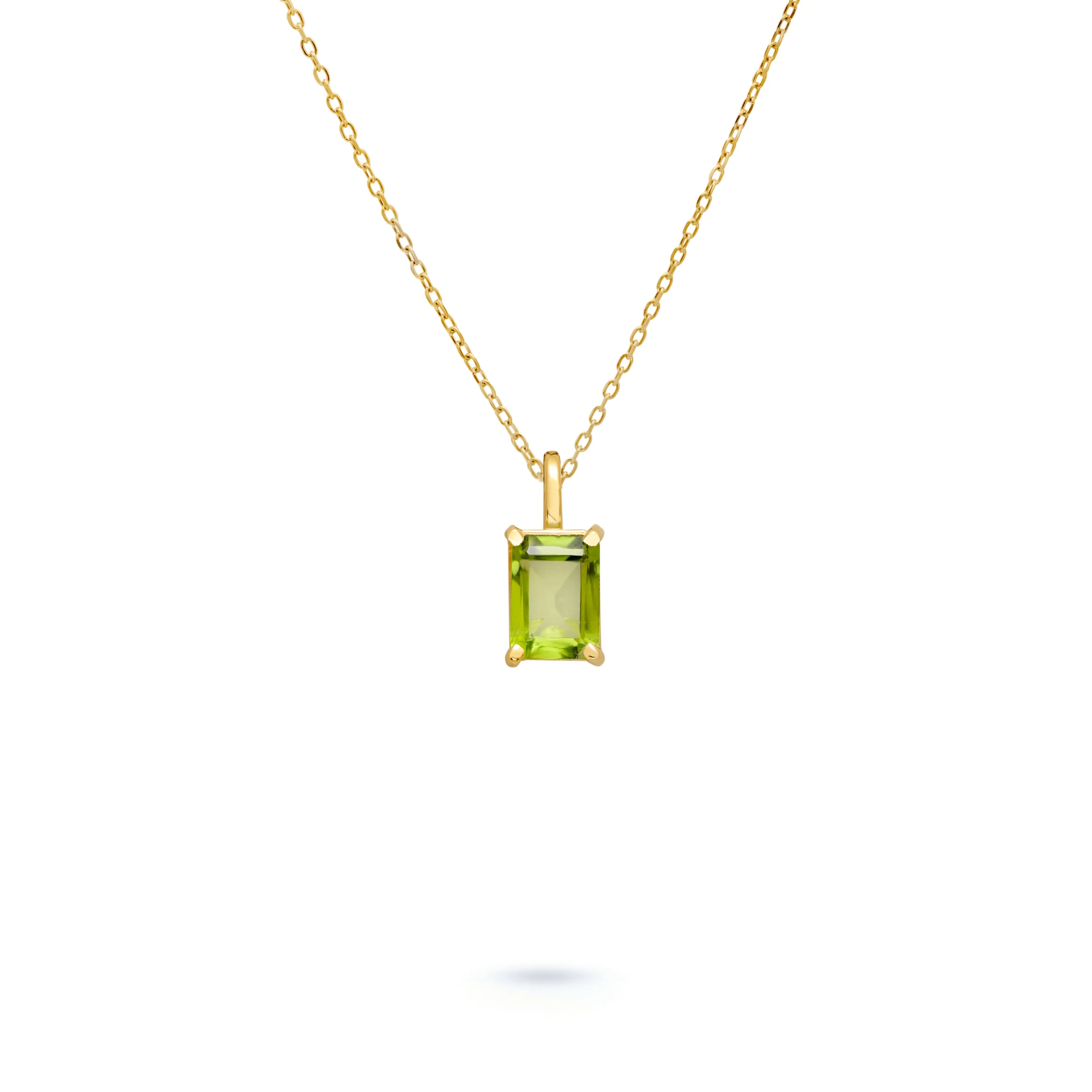 14K Gold Green Peridot Necklace Octagon Cut featuring a natural octagon cut peridot on a gold chain, elegant and handmade jewelry.