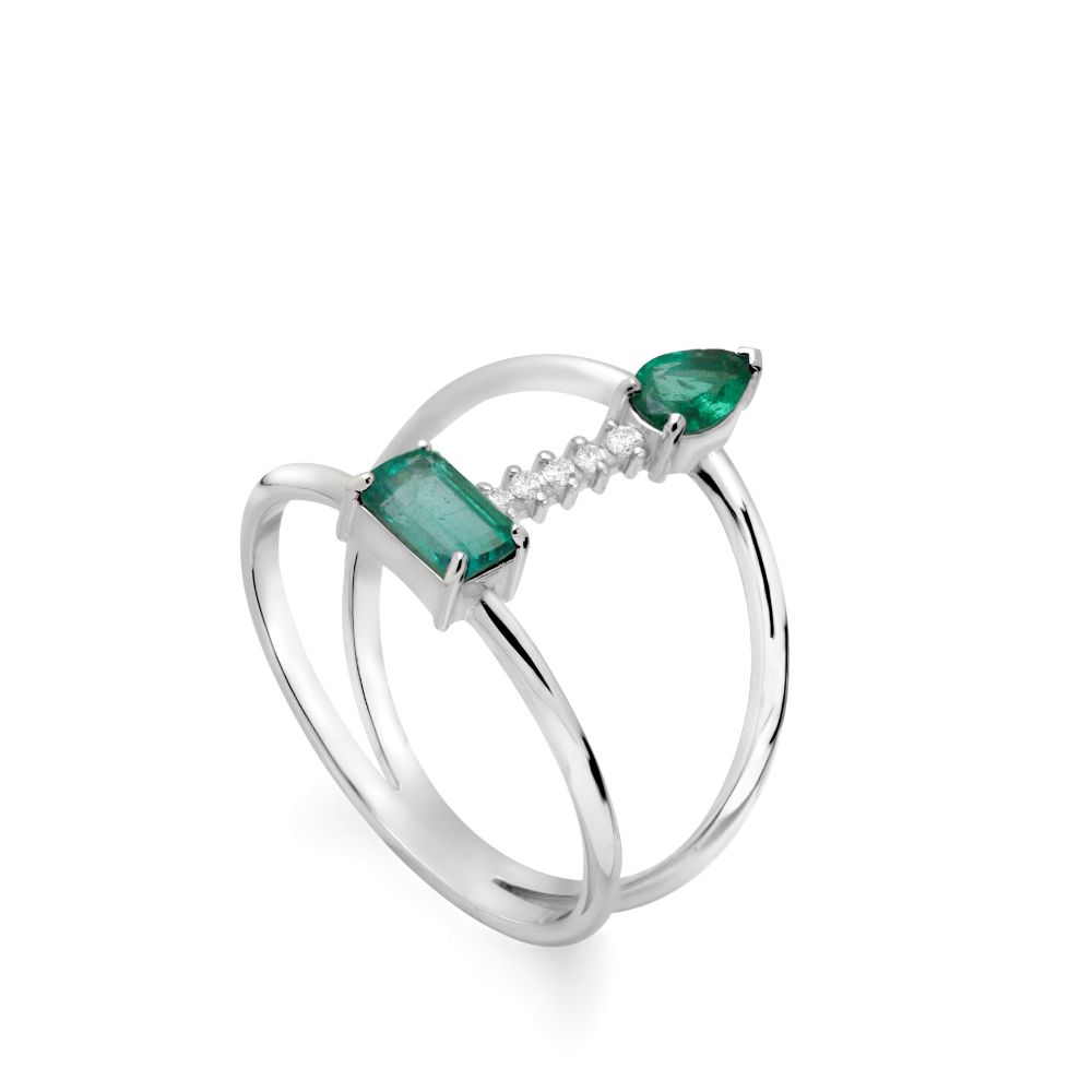 14K White Gold Ring With Emeralds and Diamonds