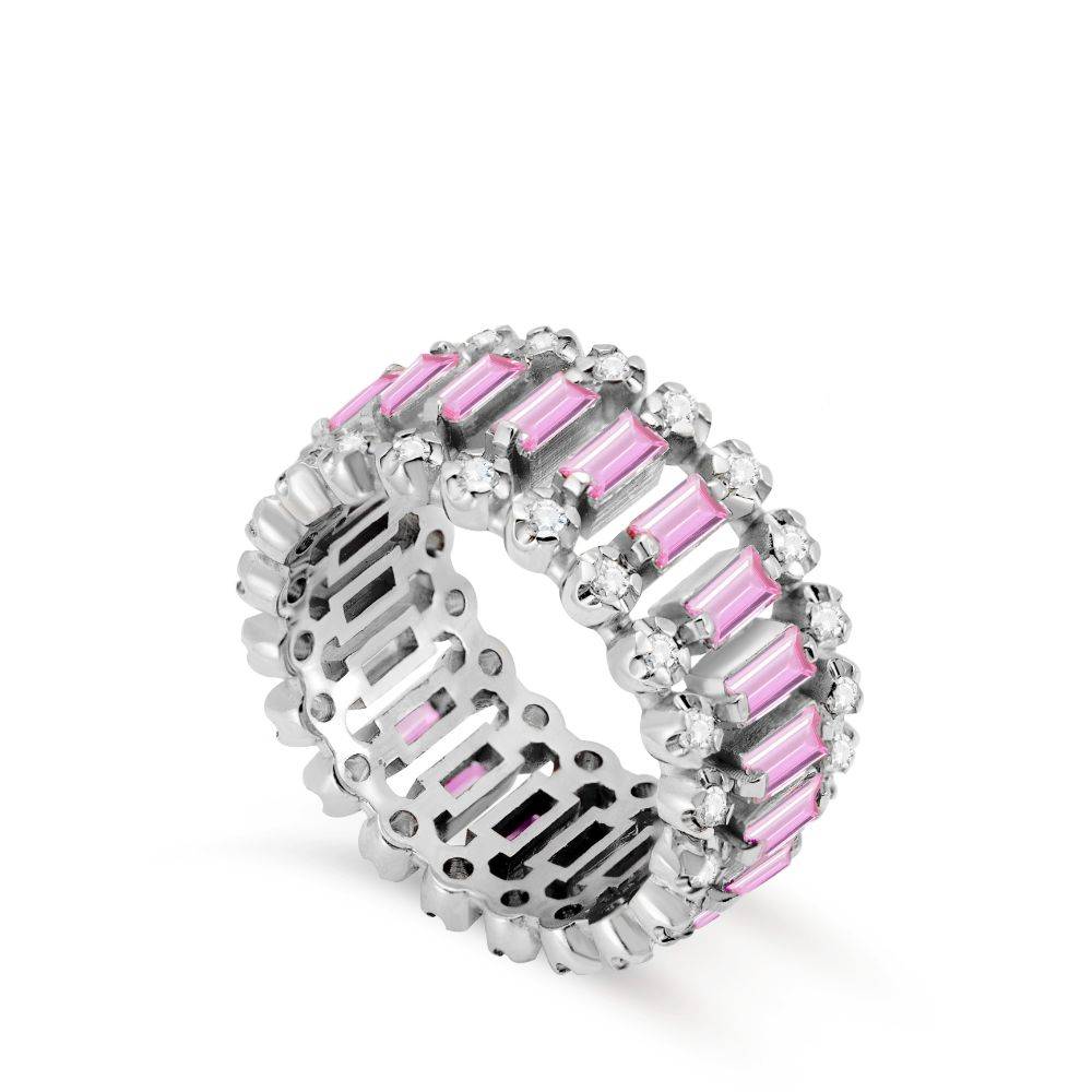 14K Gold Eternity Ring Pink Sapphires Diamonds