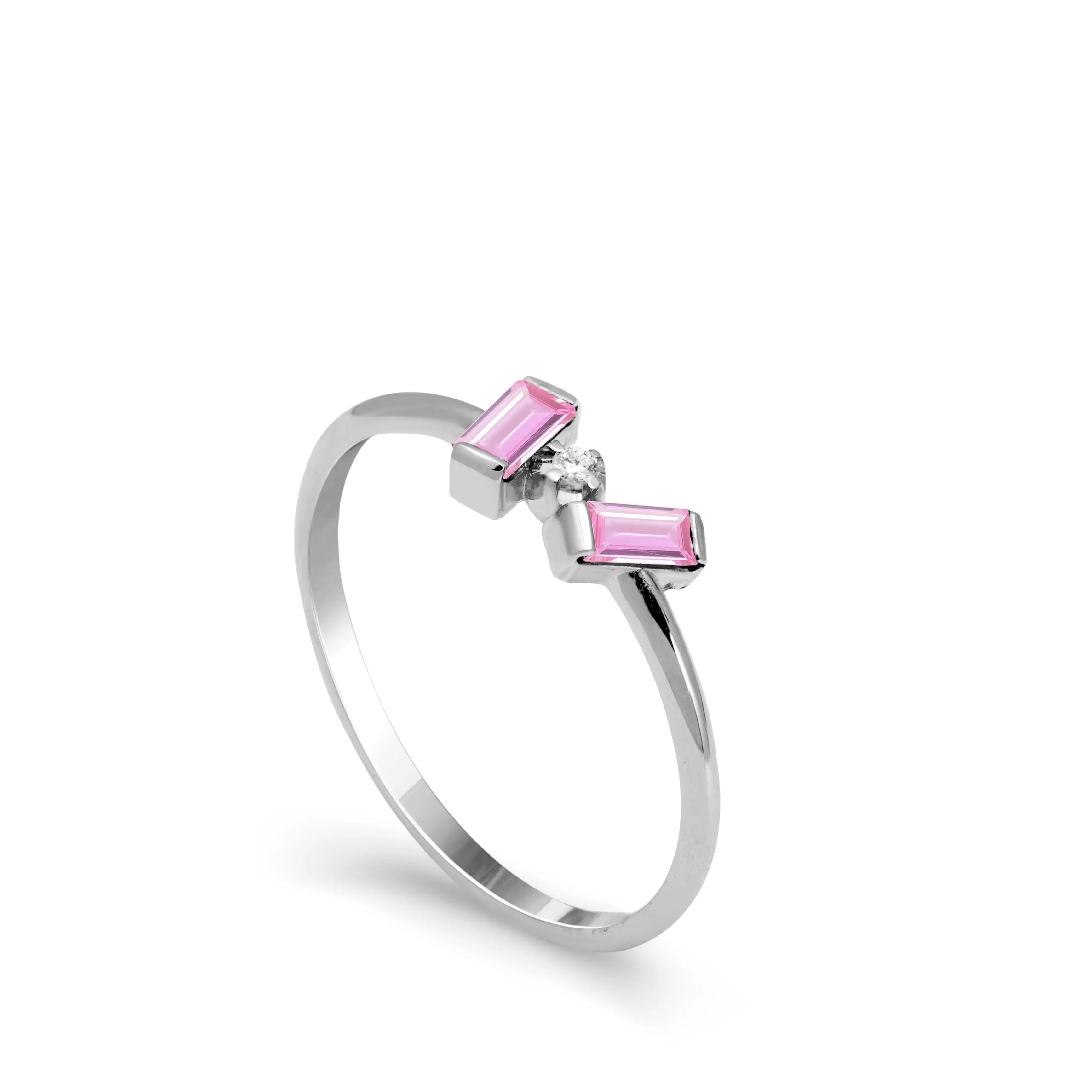 14K White Gold Pink Sapphire Diamond Baguette Ring