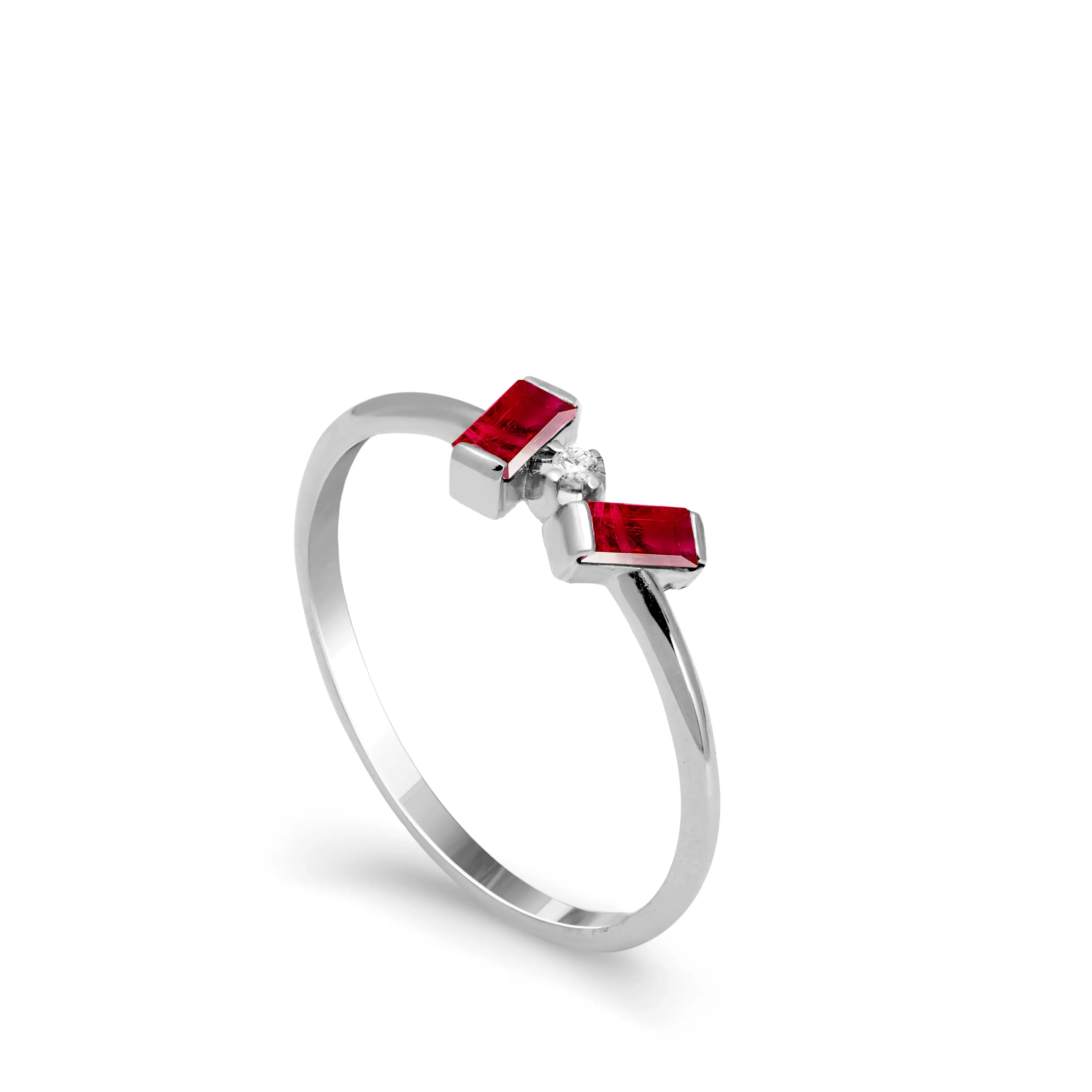 14K Gold Ruby Diamond Baguette Ring with minimal design and sparkling gemstones on a solid gold band
