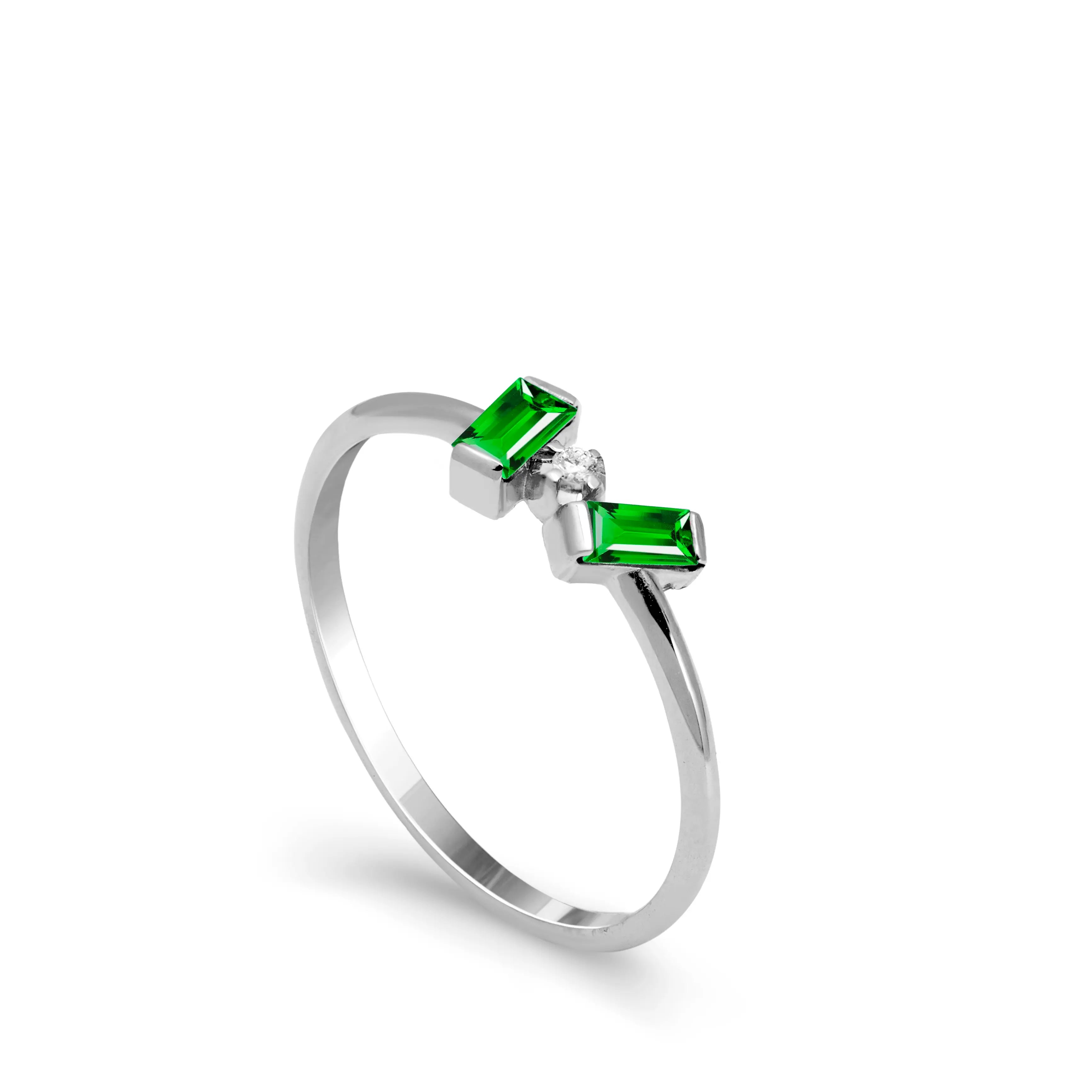 14K Gold Tsavorite Diamond Baguette Ring - White Gold