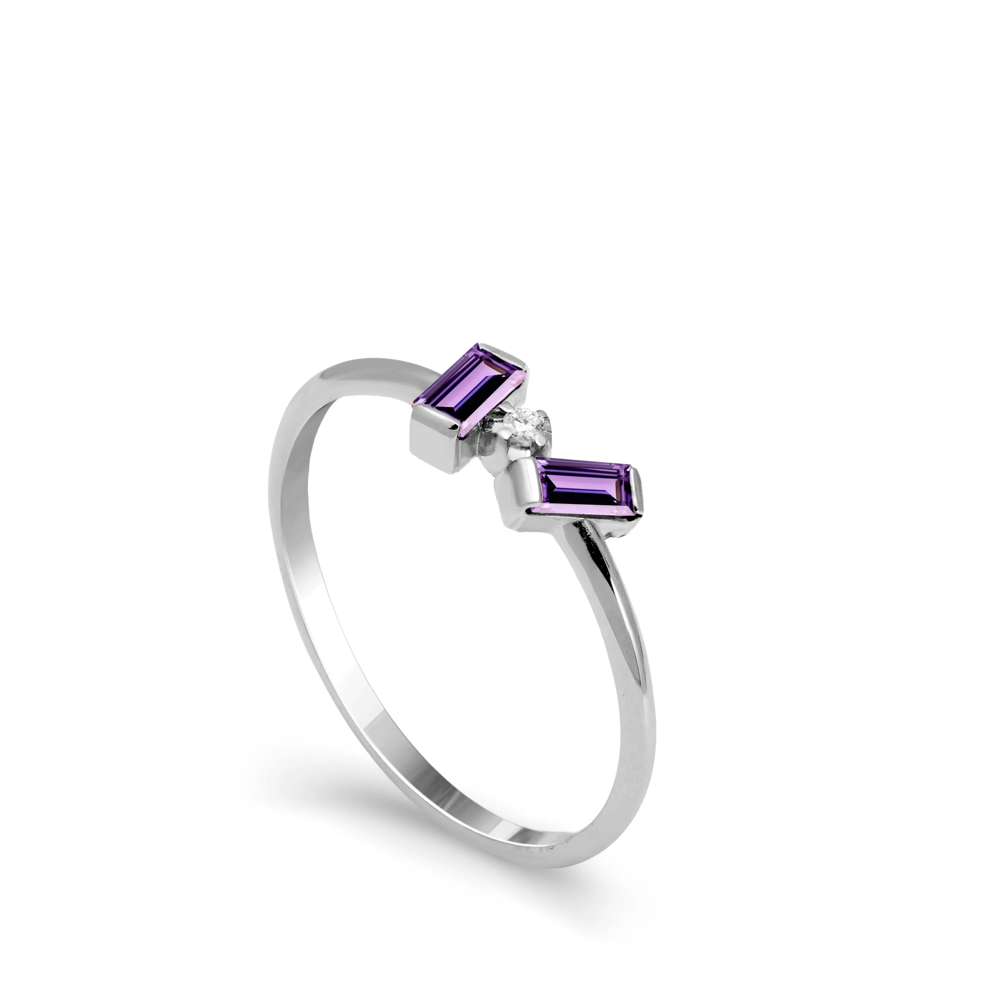 14K Gold Amethyst Diamond Baguette Ring - White Gold