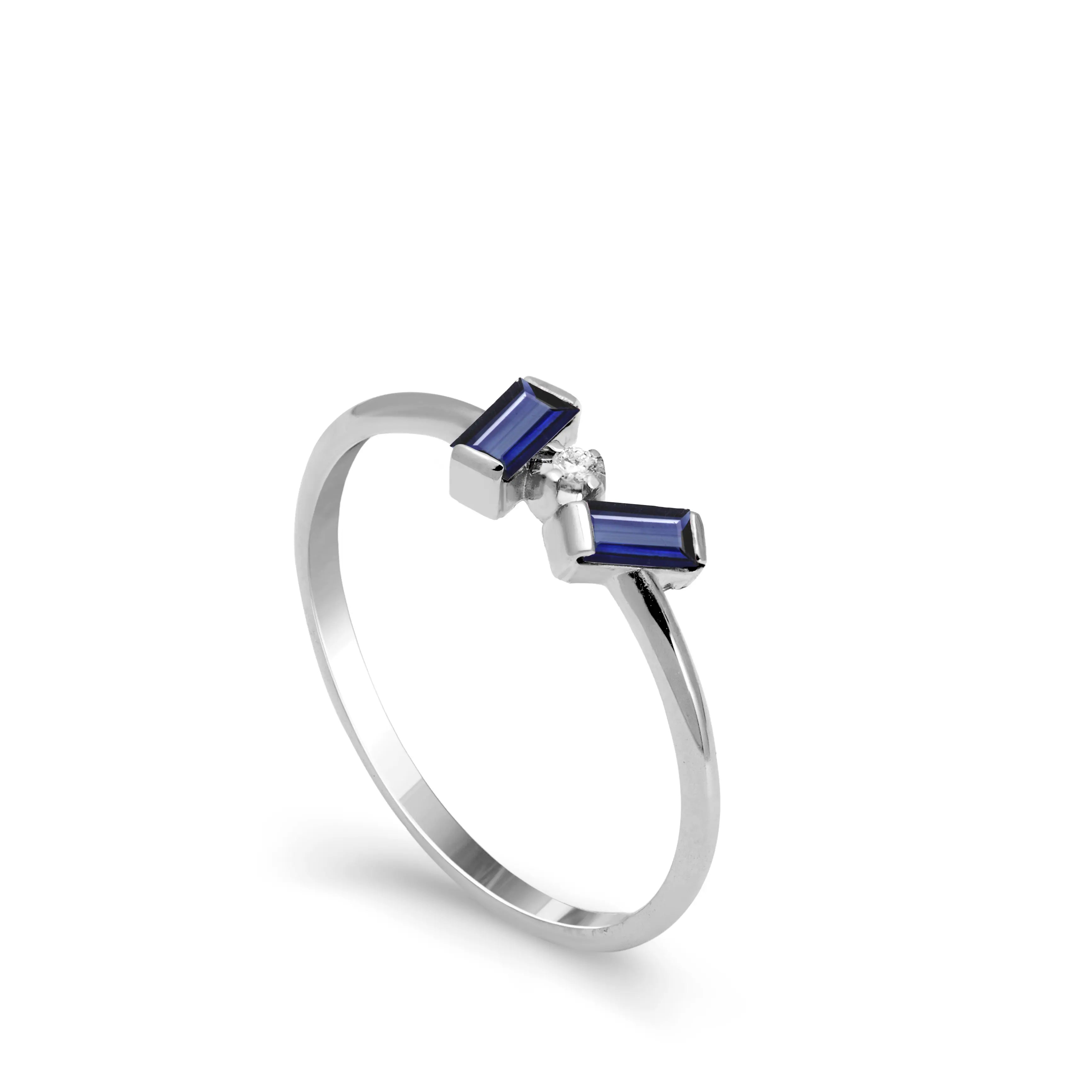 14K White Gold Blue Sapphire Diamond Baguette Ring