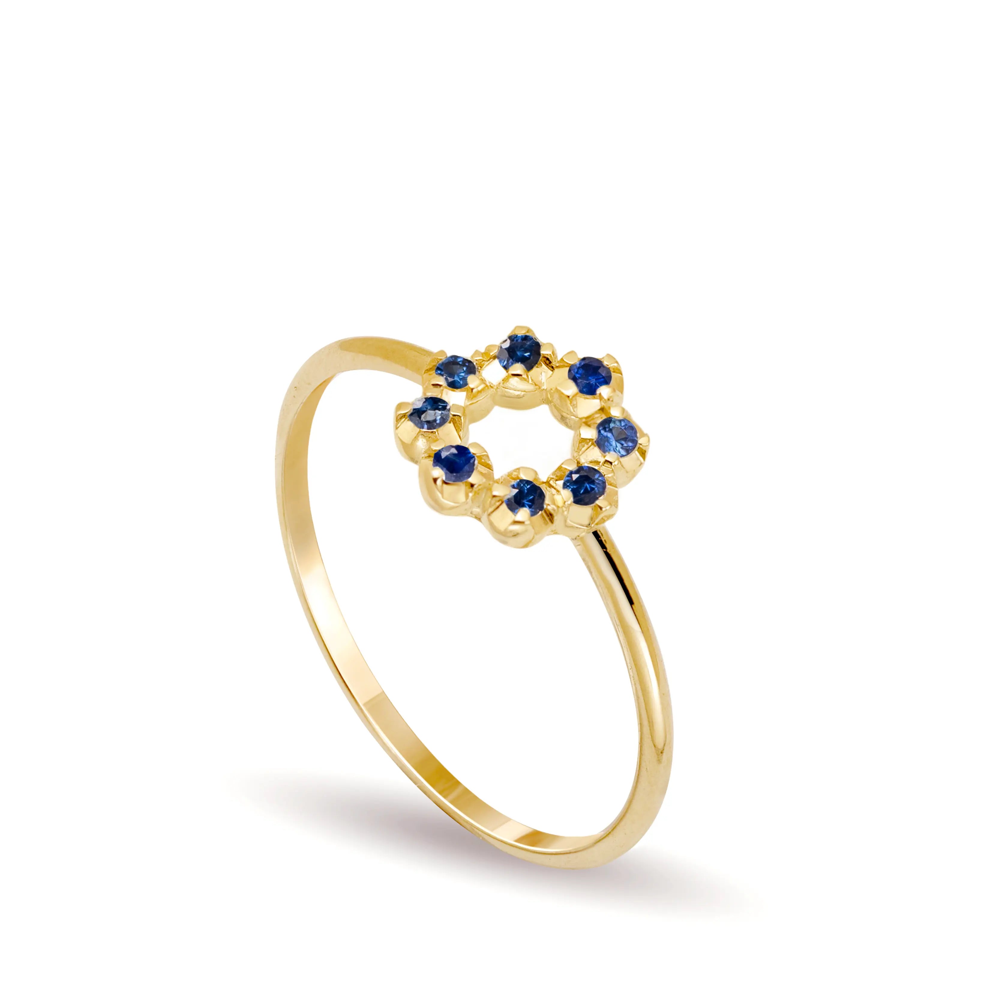 14K Gold Flower Blue Sapphire Ring