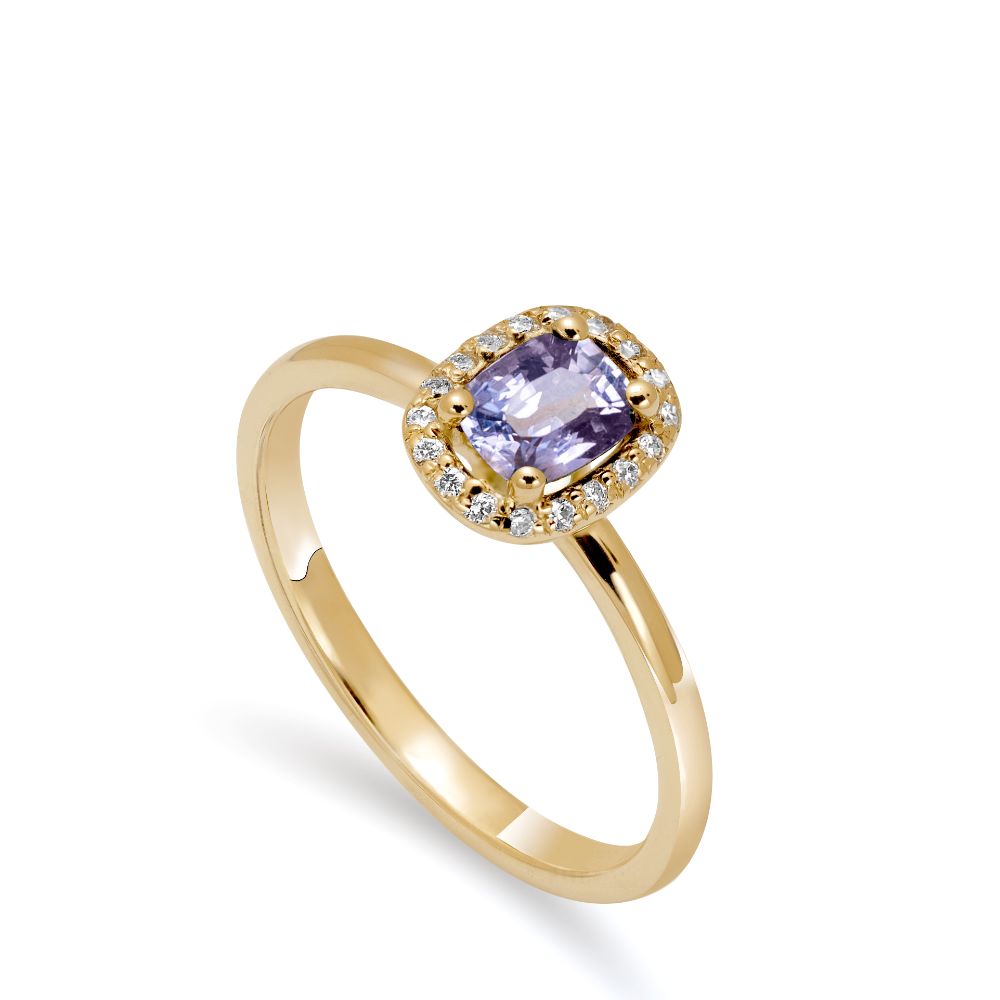 Halo Engagement Ring Purple Sapphire Diamond 14K
