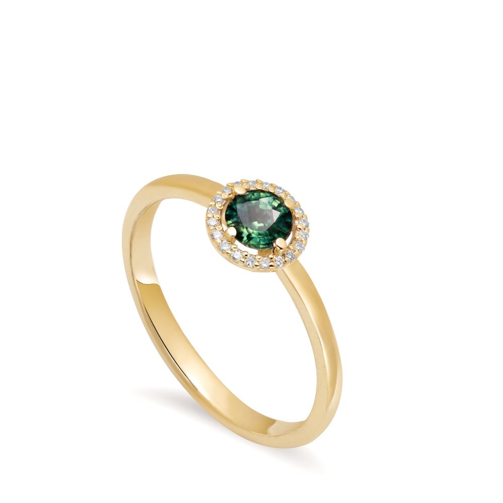 14K Halo Engagement Ring Green Sapphire Diamond