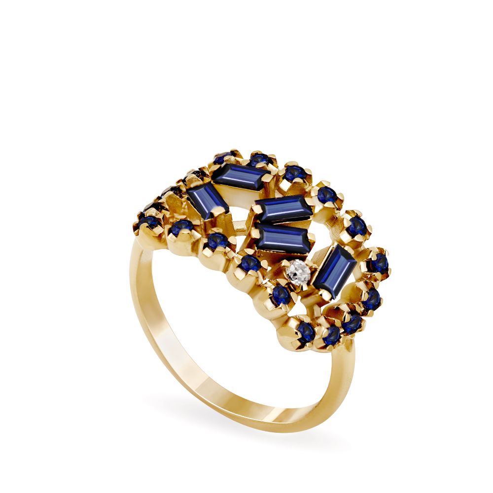 Δαχτυλίδι Μπλε Ζαφείρια Baguette Διαμάντι Χρυσό