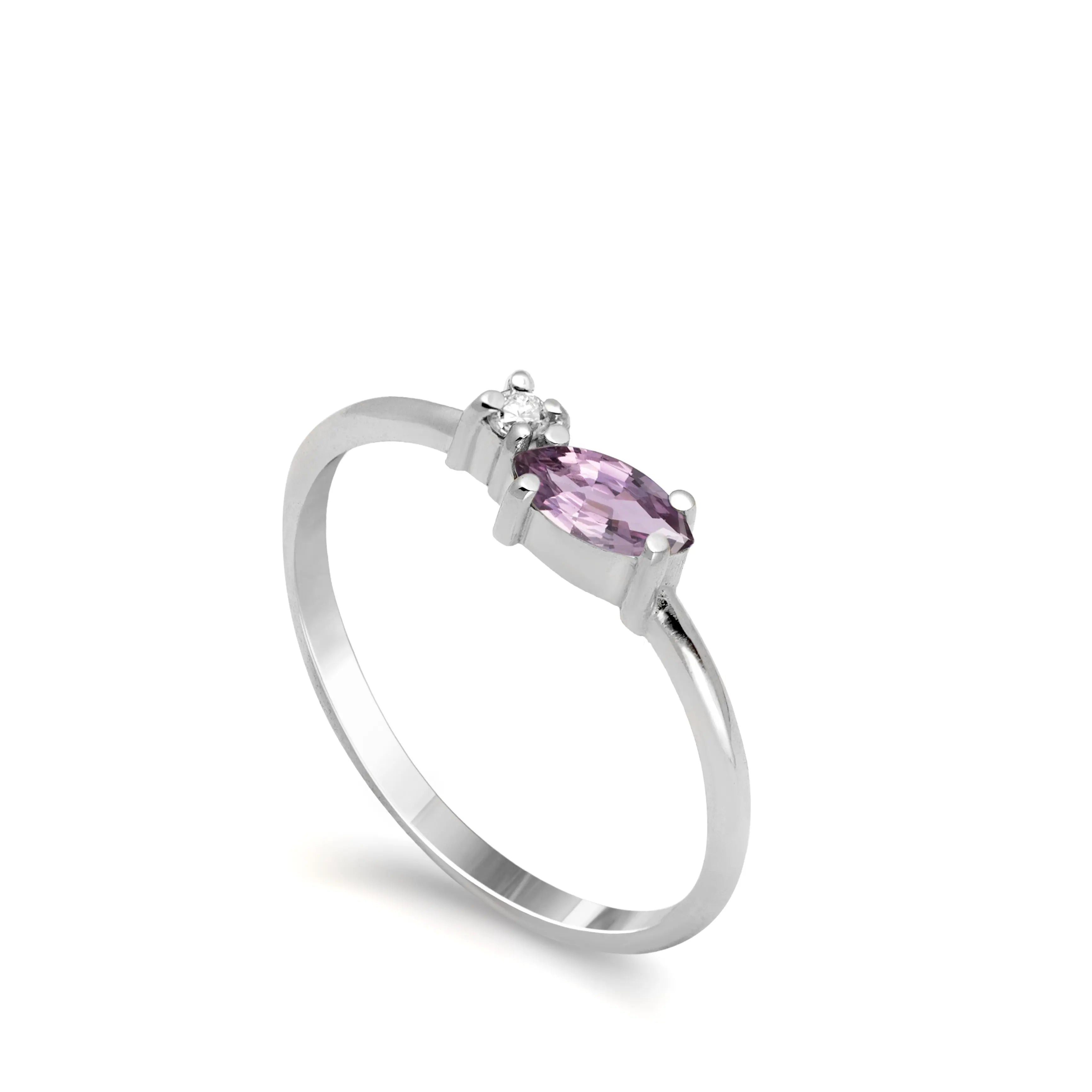 Marquise Pink Sapphire Diamond Ring in 14K gold with marquise cut sapphire and brilliant diamond, ideal for proposals or anniversaries.