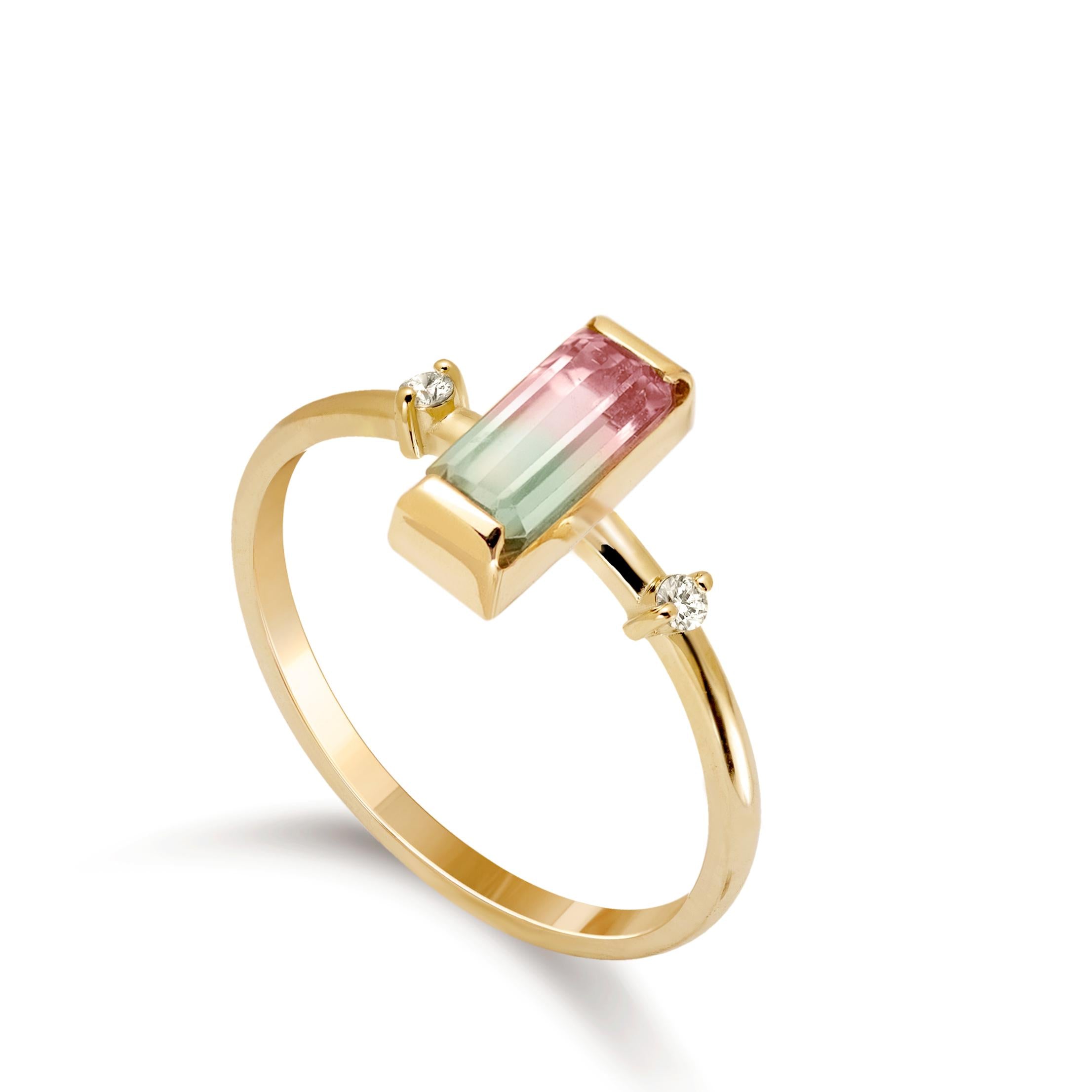 14K Gold Watermelon Tourmaline Diamond Ring