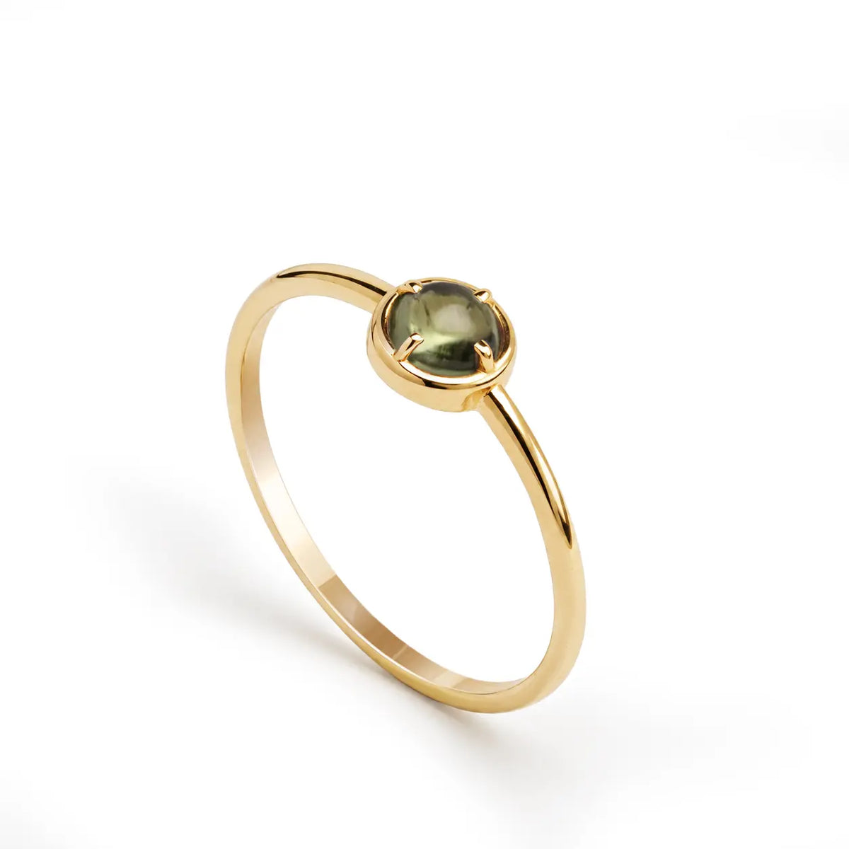 Green Tourmaline Ring Gold featuring a natural green tourmaline in a simple gold setting.
