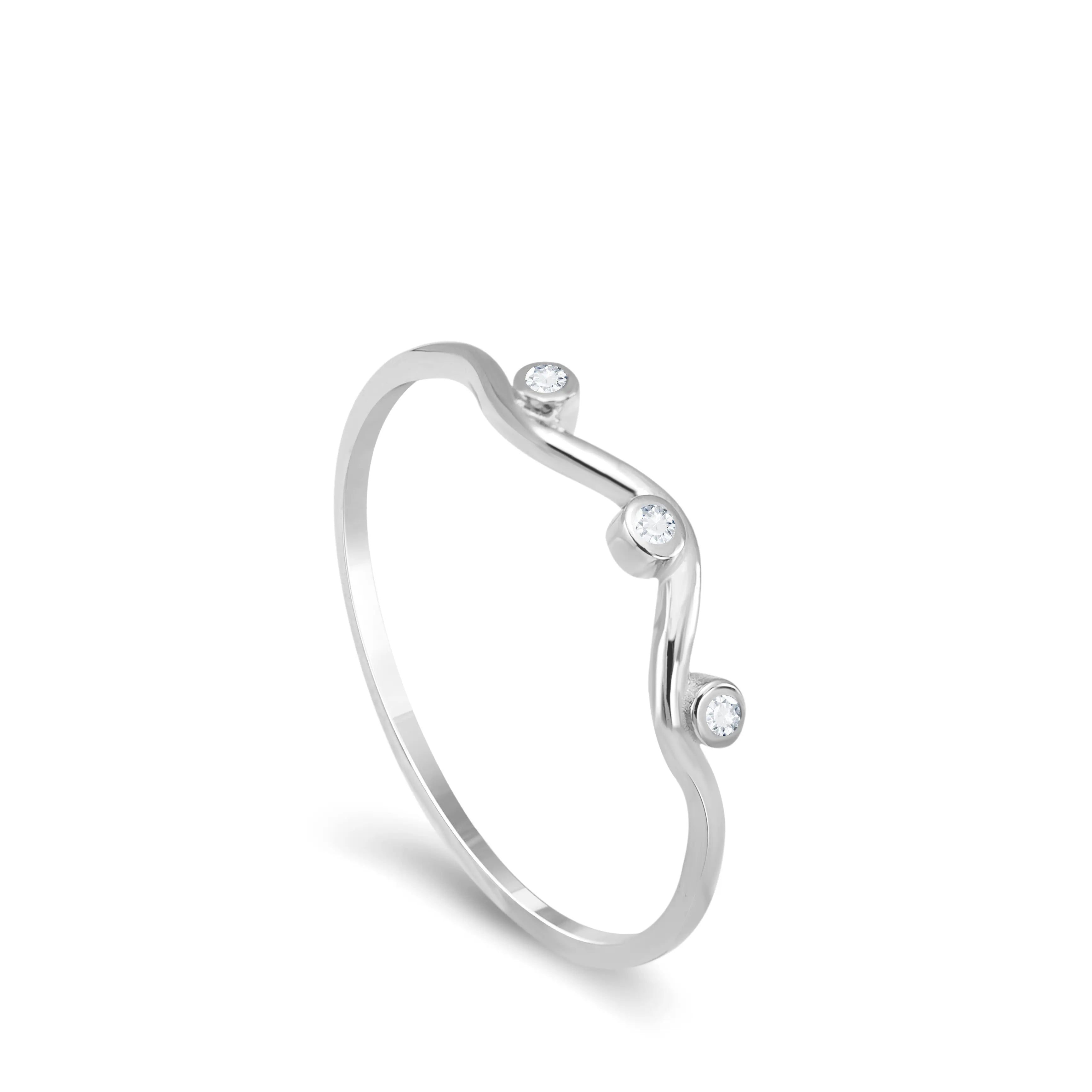 14K Gold Diamonds Wavy Ring in white gold with natural diamonds, perfect for stacking and minimalist style, handcrafted jewelry gift for her.