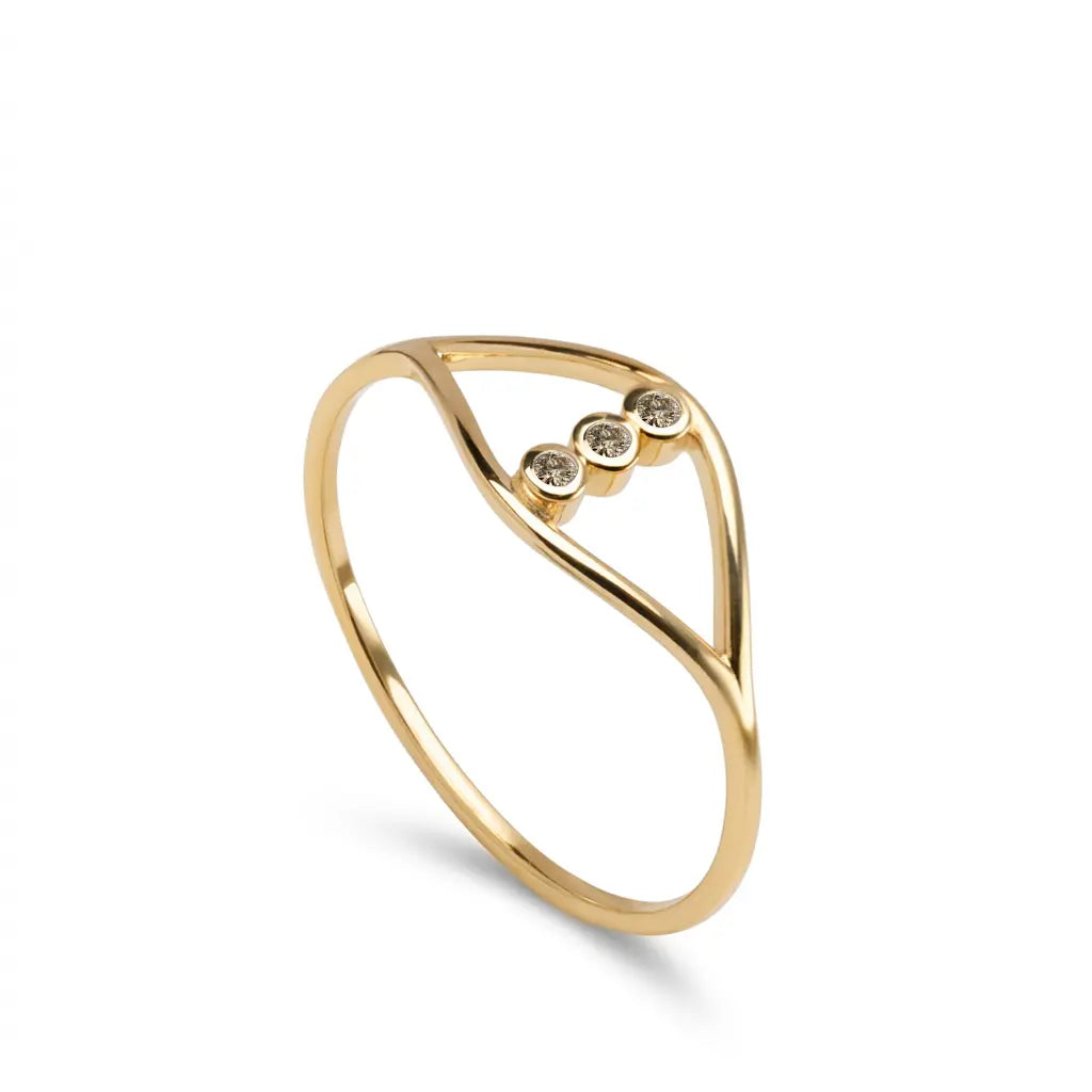Three Brown Diamond Wave Ring 14K Gold