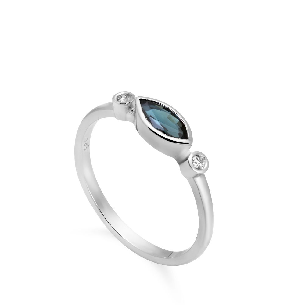 Marquise Blue Sapphire Ring 14K White Gold