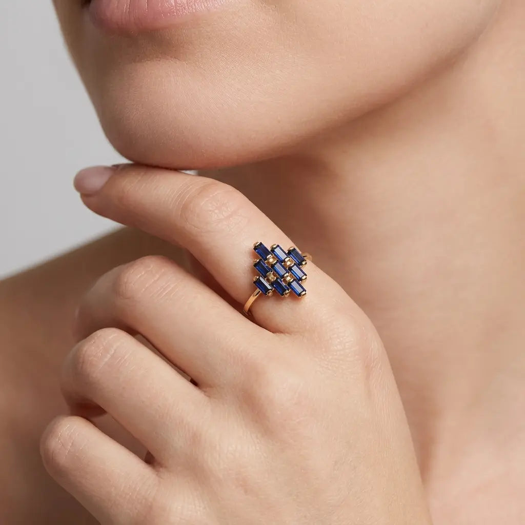 18K Gold Blue Sapphires Baguette Ring