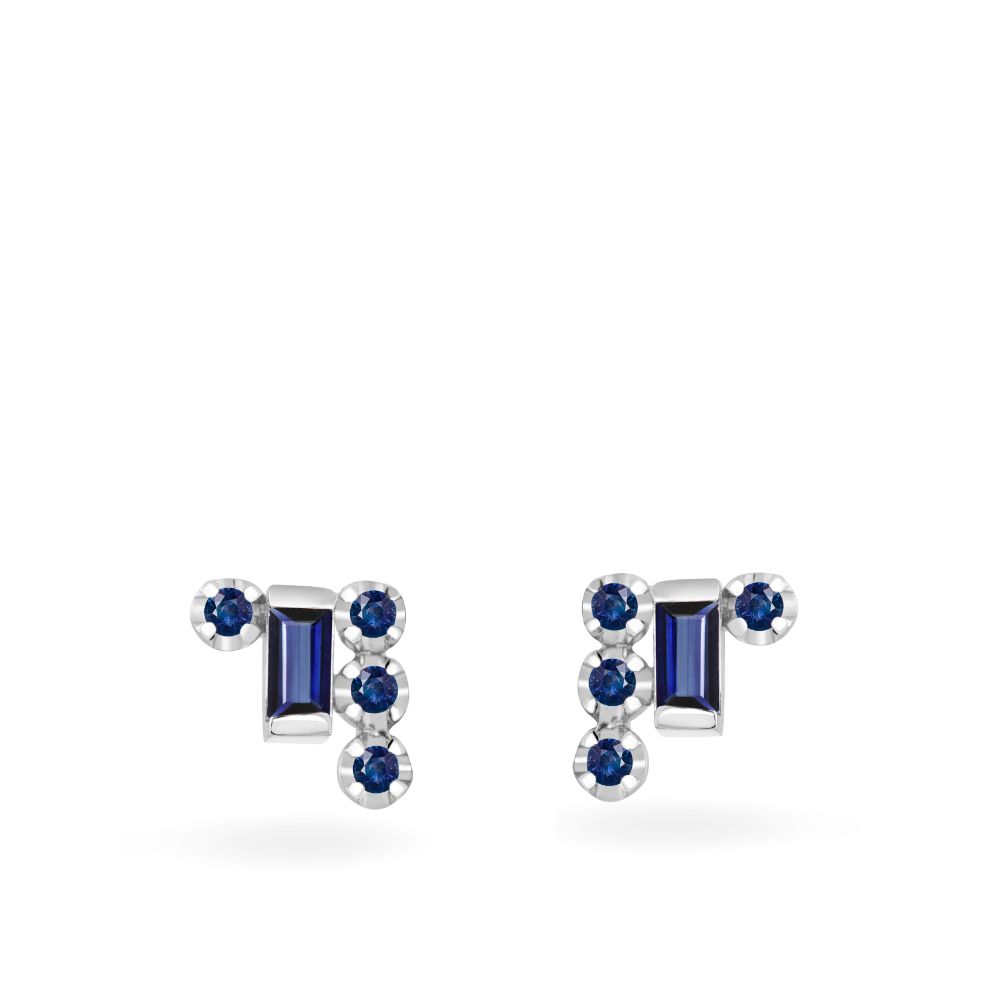 Baguette Blue Sapphire Stud Earrings 14K Gold - White Gold