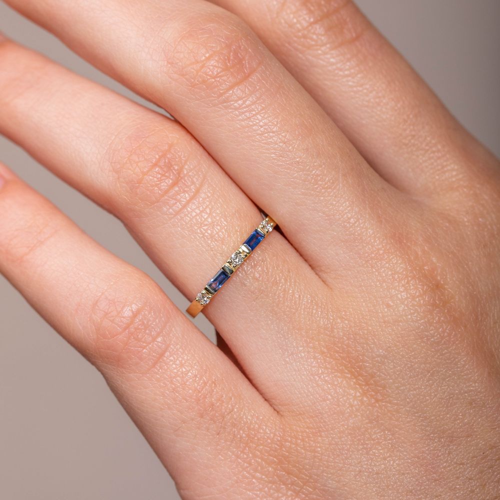 Blue Sapphire Diamond Baguette Ring 14K Gold