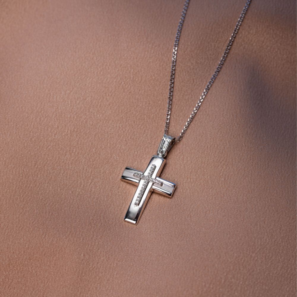 14K White Gold Cross with Chain