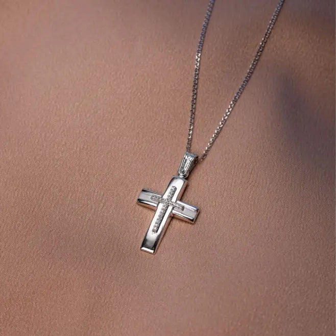 14K White Gold Cross with Chain