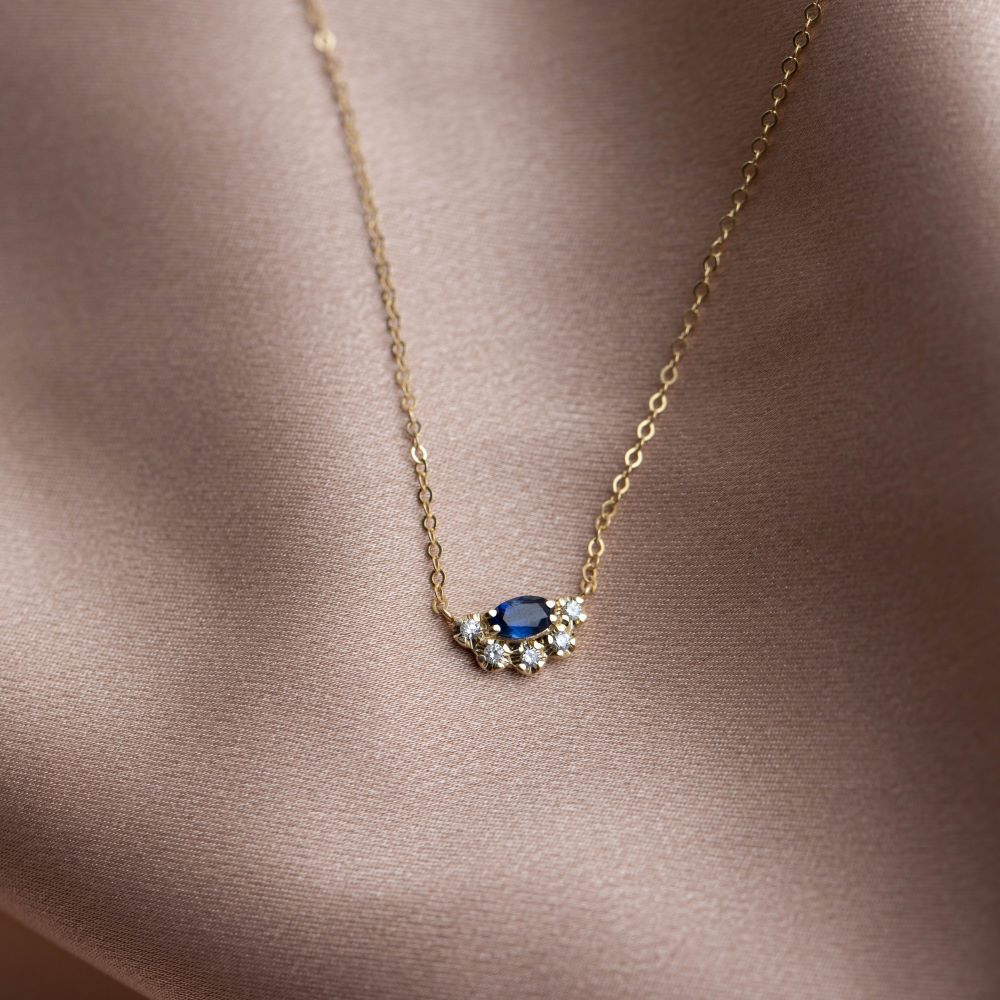 Blue Sapphire Diamond Necklace 14K Gold